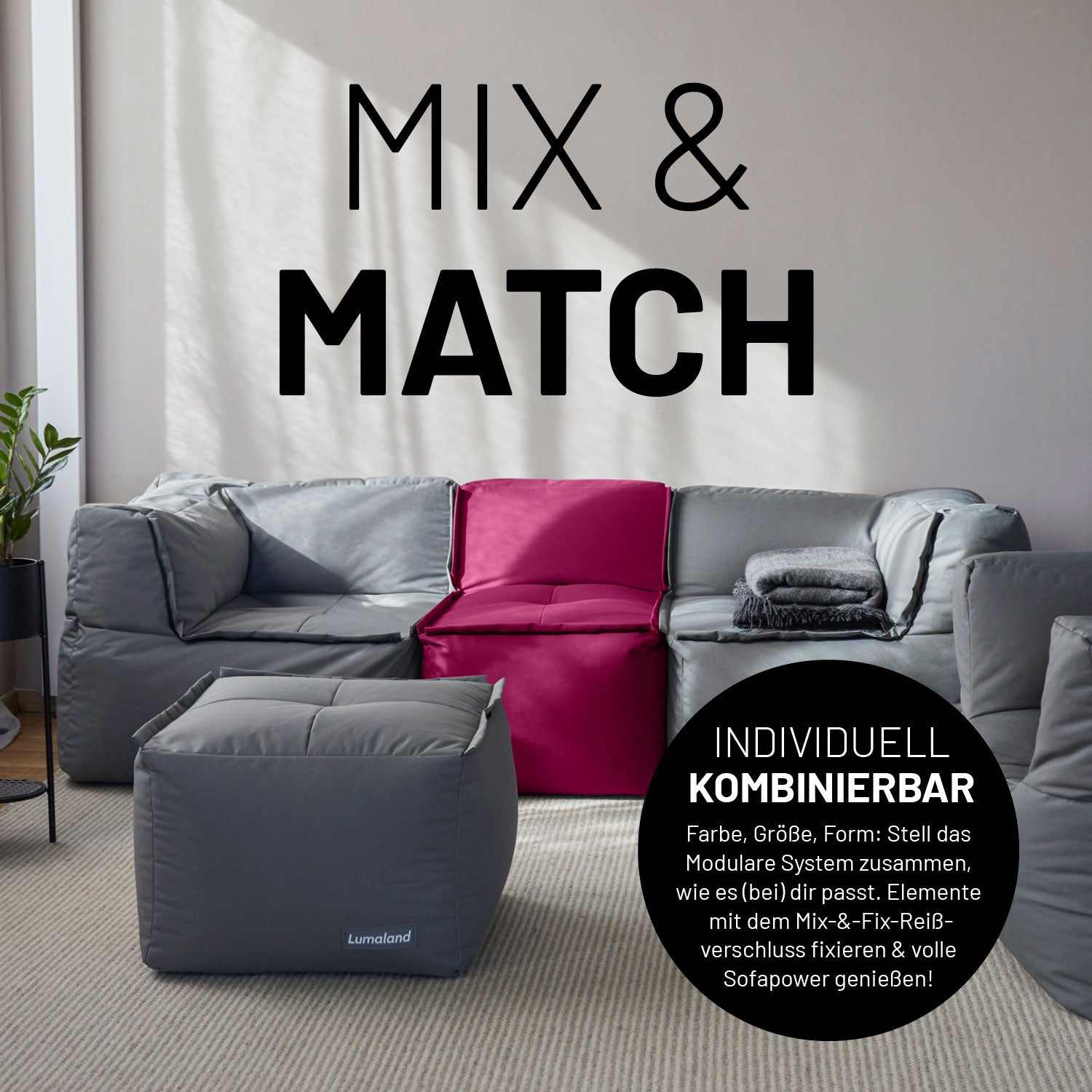 Weinrote und Graue Sitzmöbel im Wohnzimmer mit Mix-&-Fix-Reißverschlusses kombinierbar nach Farbe, Größe oder Form.