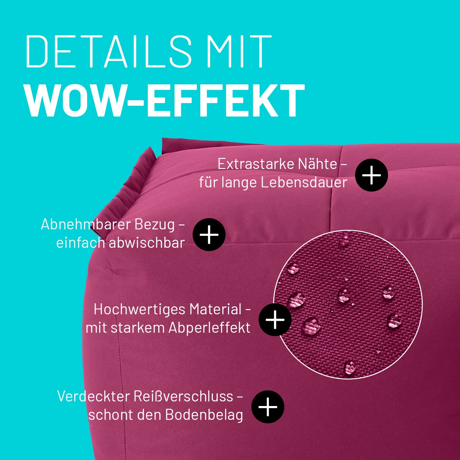 Hocker im Detail mit Informationen zu "Waschbarer Bezug", "Verdeckter Reißverschluss", Abperleffekt" und "Extrastarke Nähte".