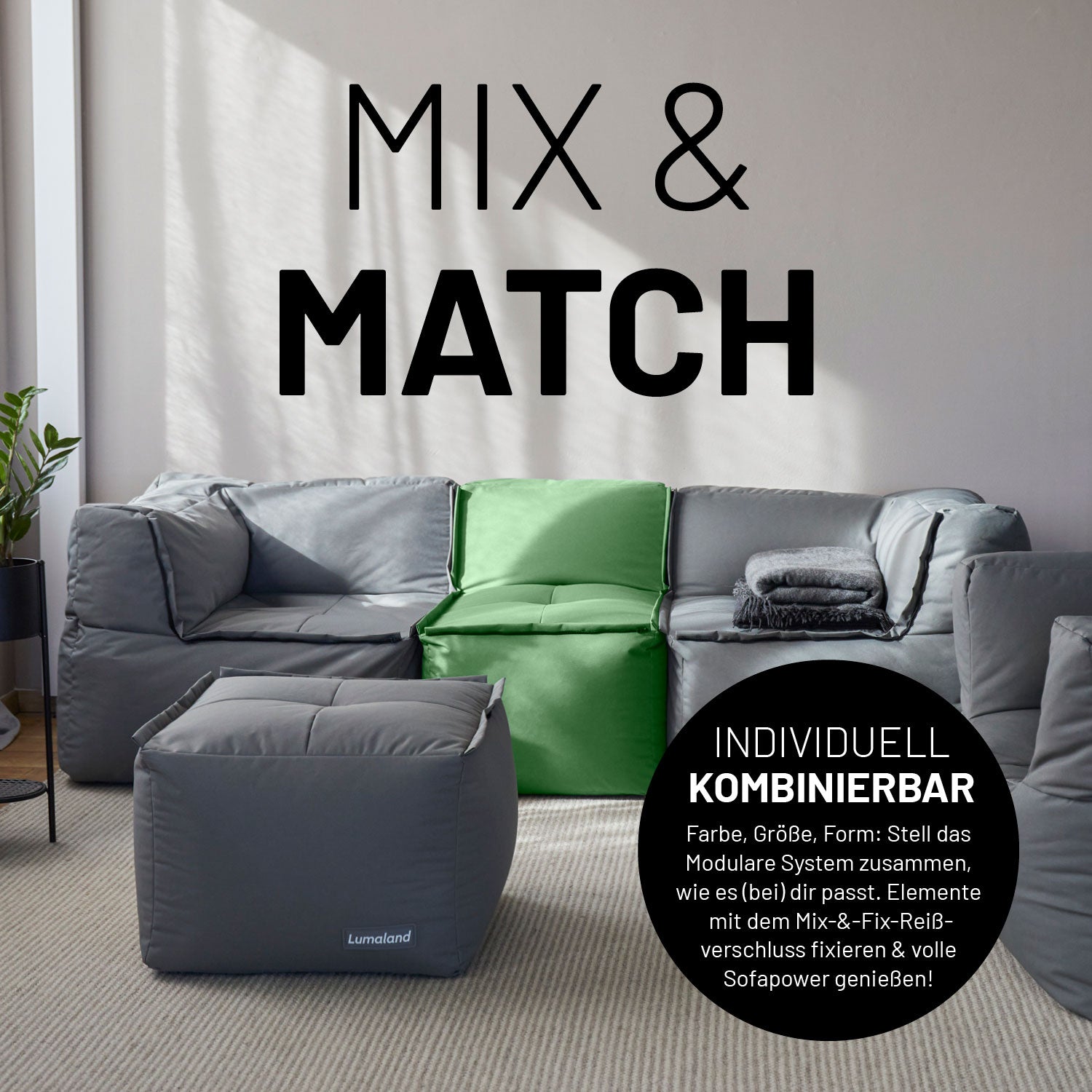 Graue und Pastellgrüne Sitzmöbel im Wohnzimmer mit Mix-&-Fix-Reißverschlusses kombinierbar nach Farbe, Größe oder Form.