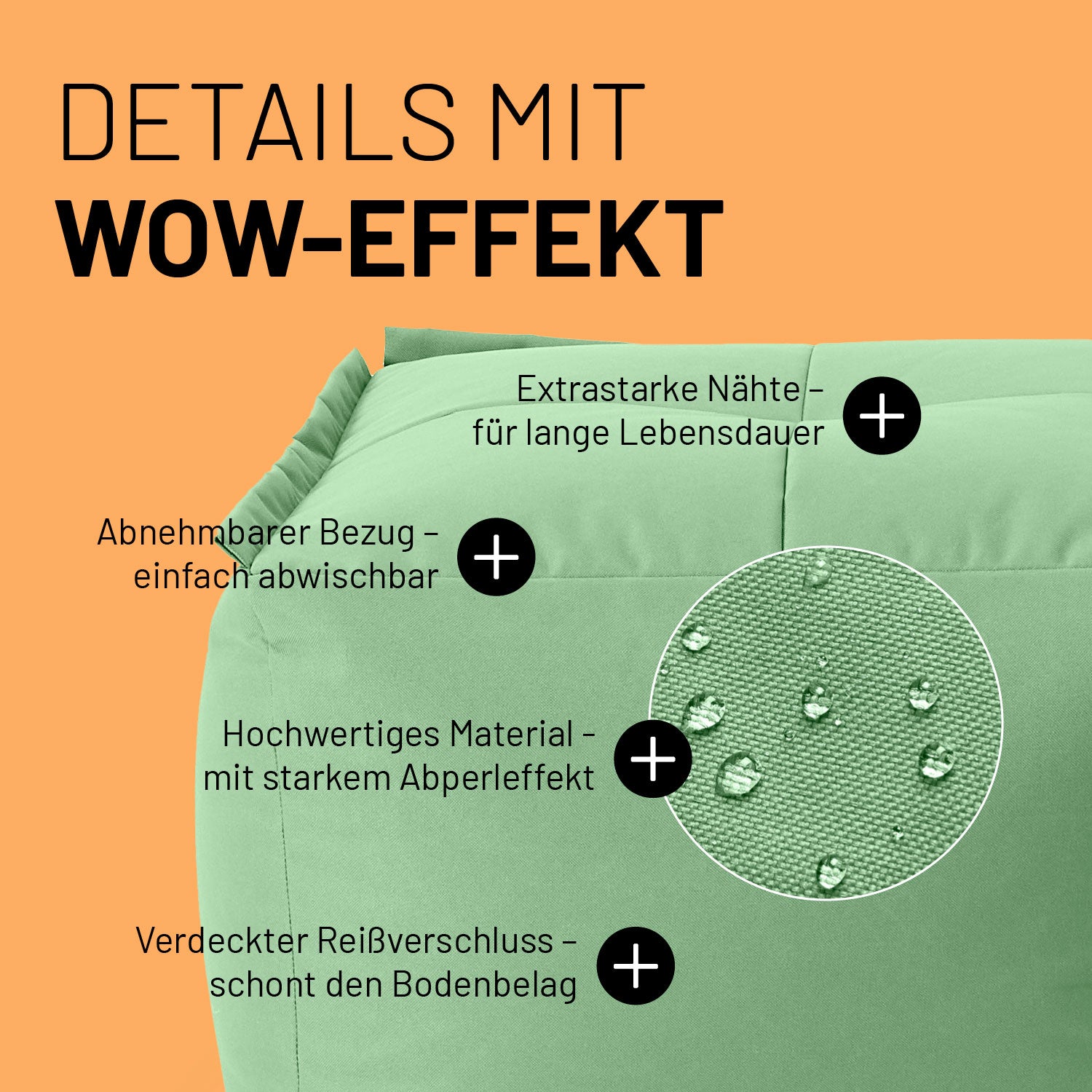 Hocker im Detail mit Informationen zu "Waschbarer Bezug", "Verdeckter Reißverschluss", Abperleffekt" und "Extrastarke Nähte".