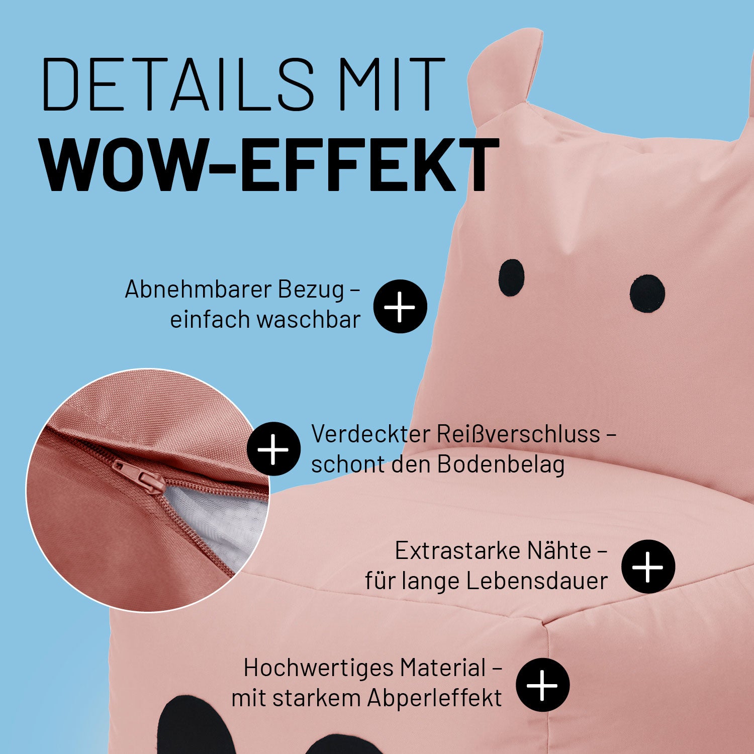 Hippo Sitzsack für Kinder im Detail mit Informationen zu "Waschbarer Bezug", "Verdeckter Reißverschluss" und "Extrastarke Nähte".