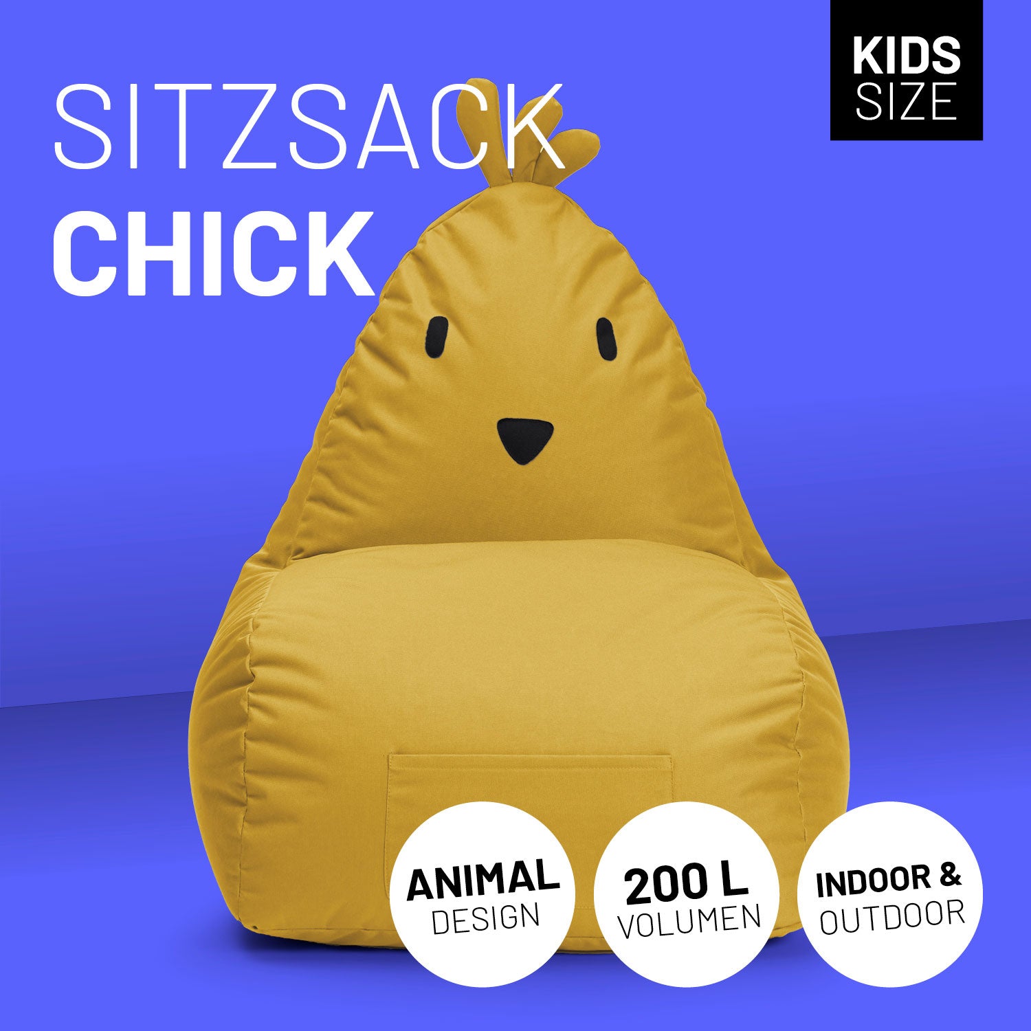 Chick Sitzsack in Senfgelber vor blaulila Hintergrund mit Icons "Animal Design", "200 L Volumen" und "Indoor & Outdoor".