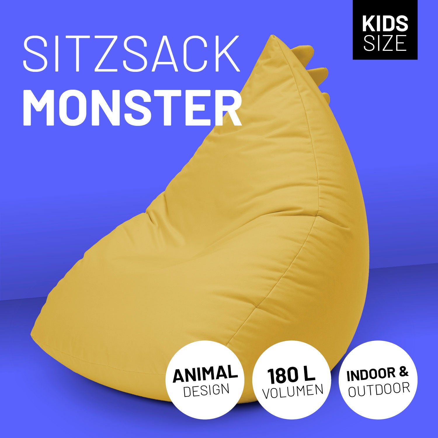 Monster Sitzsack vor blaulila Hintergrund mit Icons "Animal Design", "180 L Volumen" und "Indoor & Outdoor".