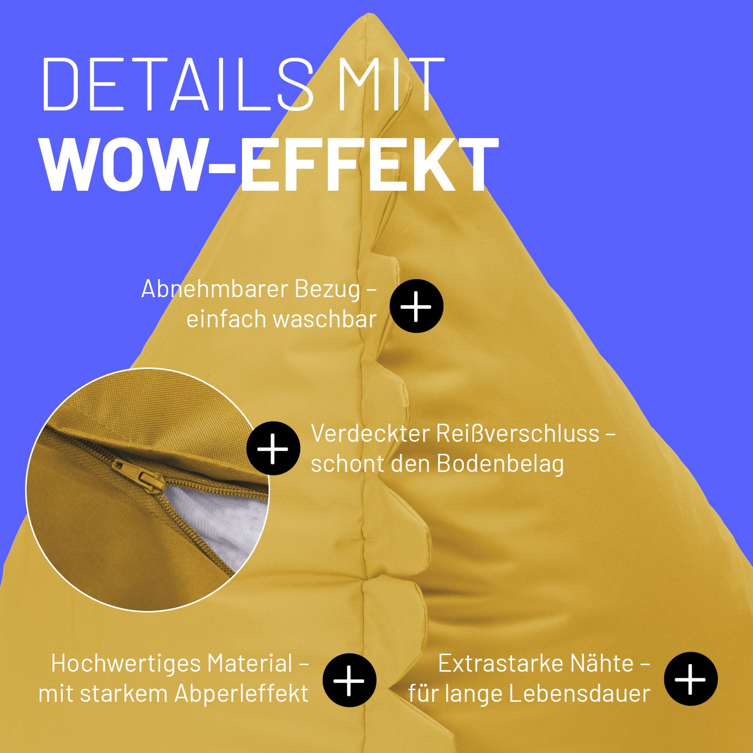Monster Sitzsack für Kinder im Detail mit Informationen zu "Waschbarer Bezug", "Verdeckter Reißverschluss" und "Extrastarke Nähte".