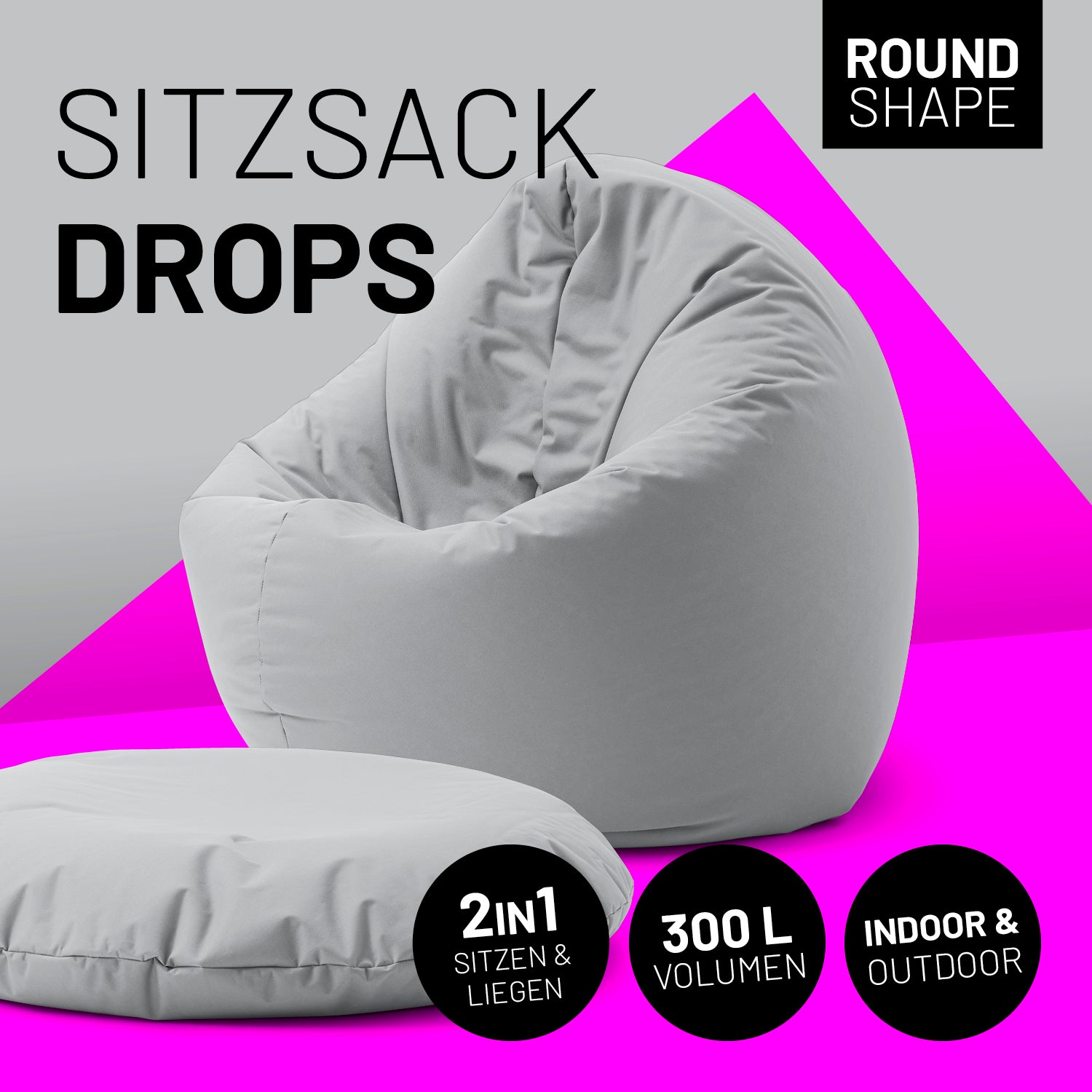 2-in-1-Sitzsack in Silbergrau mit Icon "Round Shape", "2in1 - Sitzen & Liegen", "300 L Volumen" und "Indoor & Outdoor".