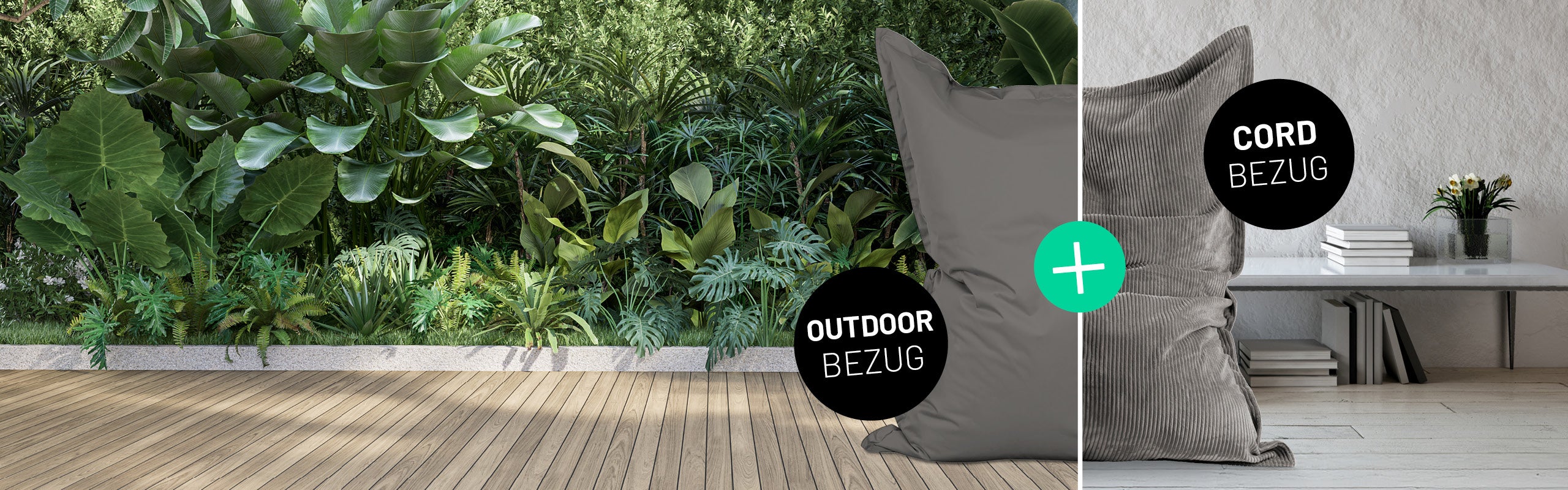 Zwei Sitzsäcke mit Bezügen: links Outdoor vor Pflanzenwand, rechts Cord in Innenraum mit Bücherregal. "+"-Symbol verbindet beide.