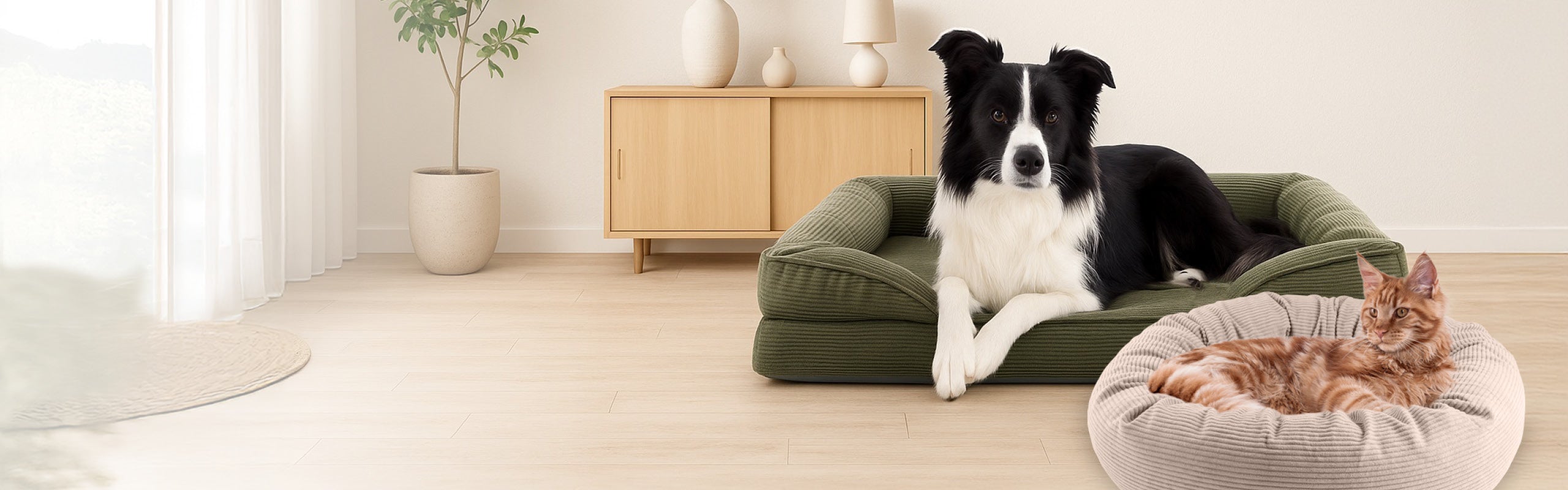 Hund liegt entspannt im grünen Cord-Hundebett, daneben Katze im runden beigen Cordbett; modernes Wohnzimmer mit Holzschrank, Vase und Topfpflanze im Hintergrund.