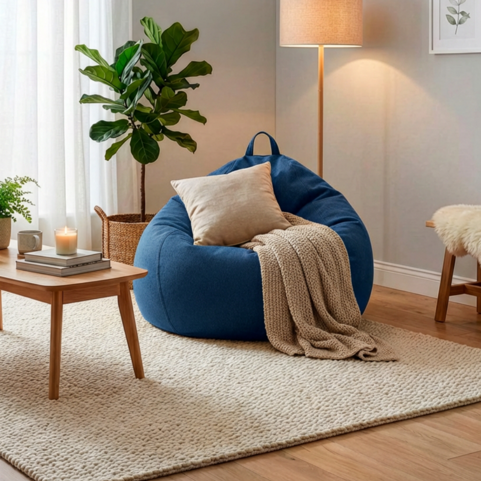 Blauer Comfort Line Sitzsack mit Kissen und Decke in gemütlichem Wohnzimmer, neben Beistelltisch, Pflanze und Stehlampe auf hellem Teppich.