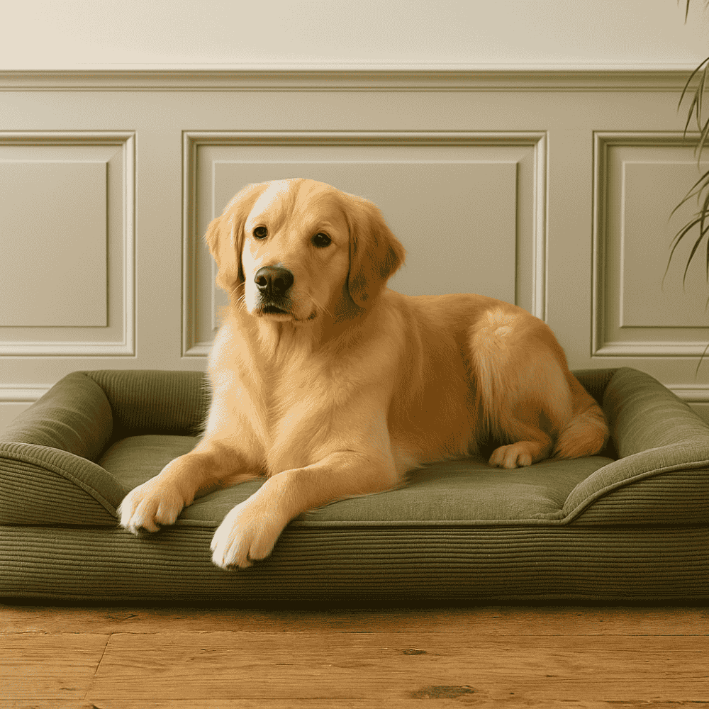 Golden Retriever liegt entspannt in einem grünen Cord-Hundebett mit erhöhtem Rand, aufgestellt in elegantem Raum mit Holzfußboden und klassischer Wandvertäfelung.