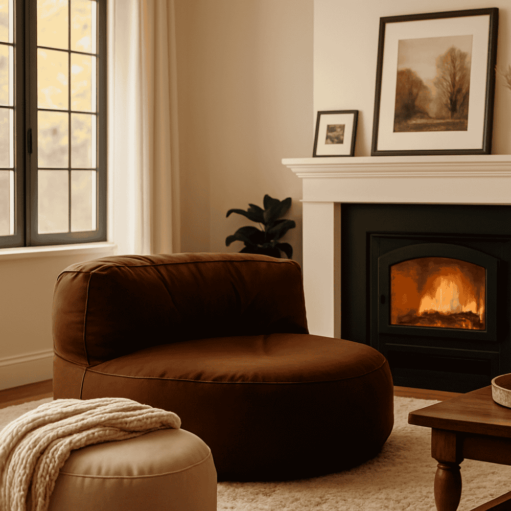 Wohnzimmer mit Kaminfeuer, braunem Sessel und rundem Hocker mit Decke, daneben Holztisch mit Kerzen und Vase in gemütliche Herbstatmosphäre.