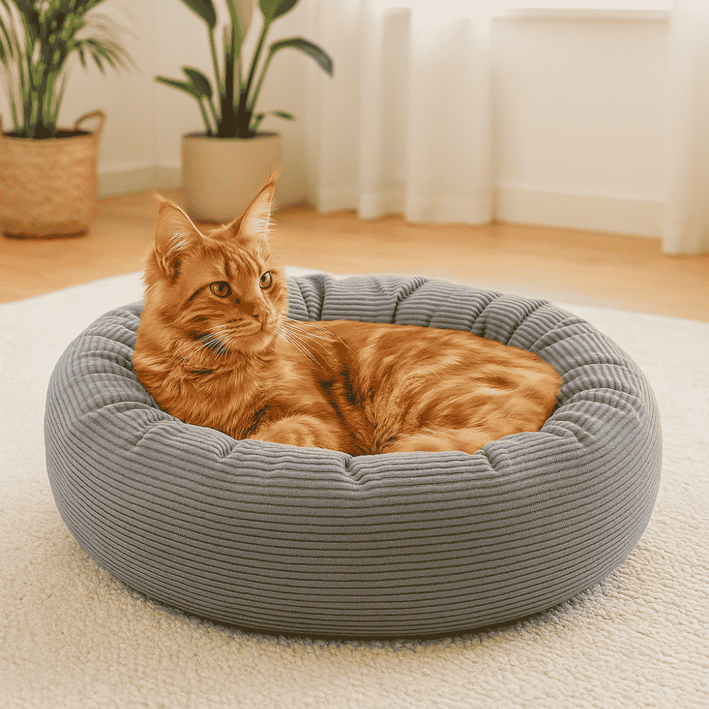 Rote Katze liegt entspannt in rundem, grauem Cord-Katzenbett auf hellem Teppich im Wohnzimmer, umgeben von Pflanzen und natürlichem Tageslicht.