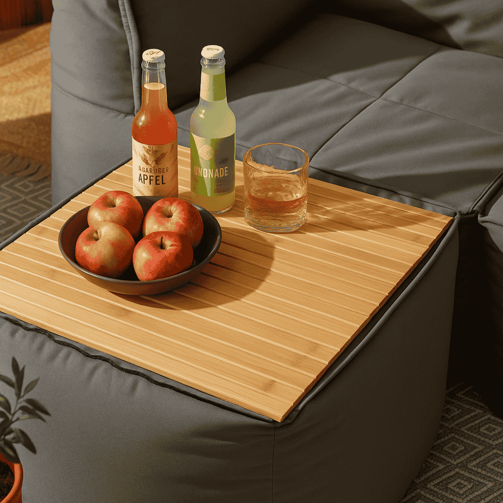 Grauer Pouf mit Holzplatte dient als Ablage für Schale mit Äpfeln, zwei Flaschen Limonade und ein Glas, Teil eines modernen Sofas im gemütlichen Ambiente.