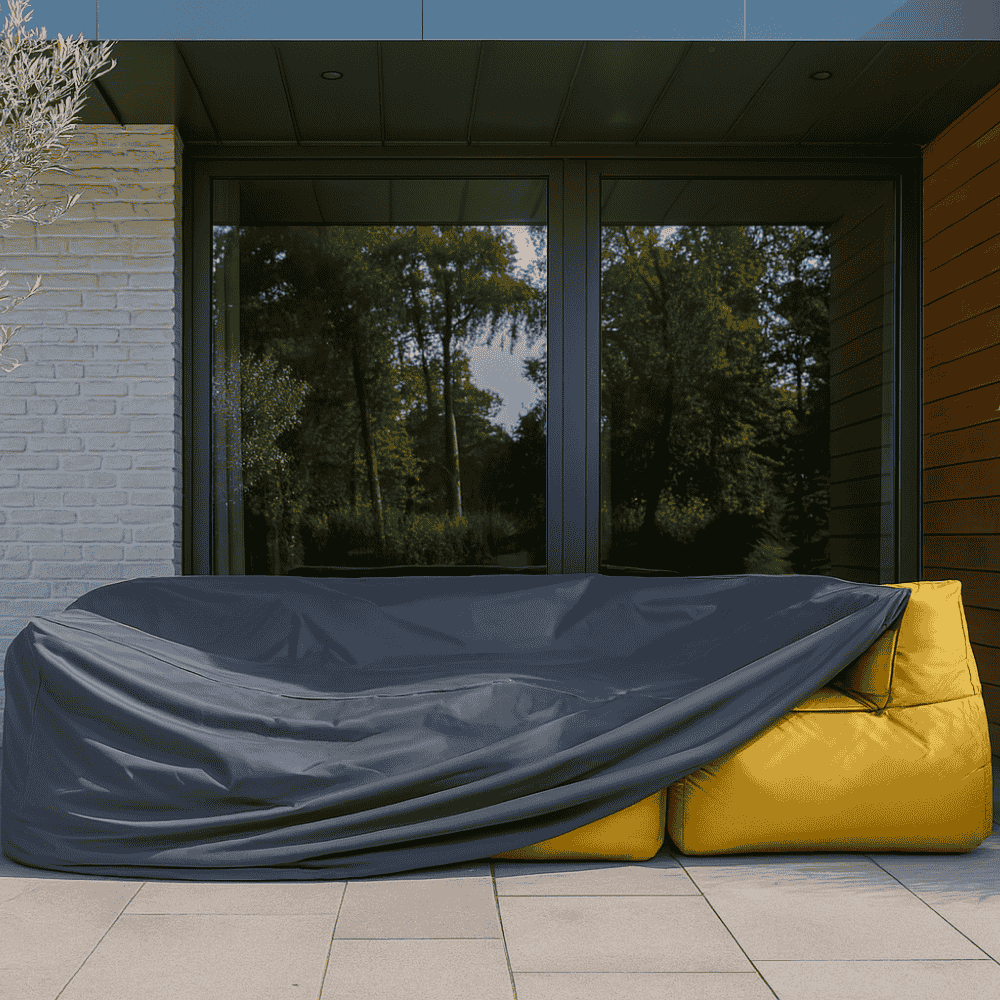 Gelbes Outdoor-Sofa auf Terrasse mit grauer Wetterschutzhaube teilweise abgedeckt, moderne Hausfassade mit großen Glasfenstern im Hintergrund.