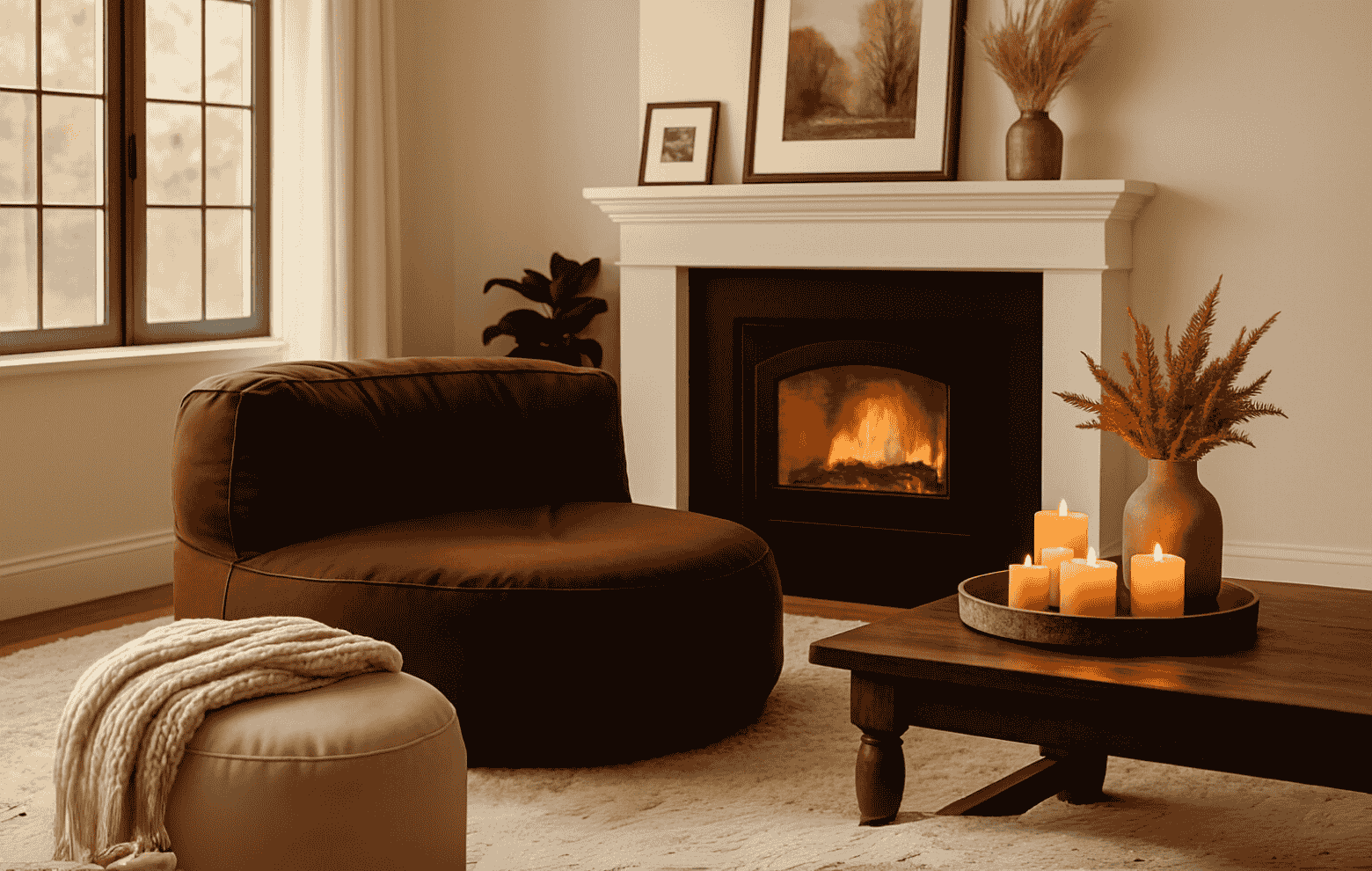 Gemütliches Wohnzimmer im nordischen Stil mit Kaminfeuer, Kerzen auf Holztisch, braunem Sessel und Hocker mit Decke auf hellem Teppich.
