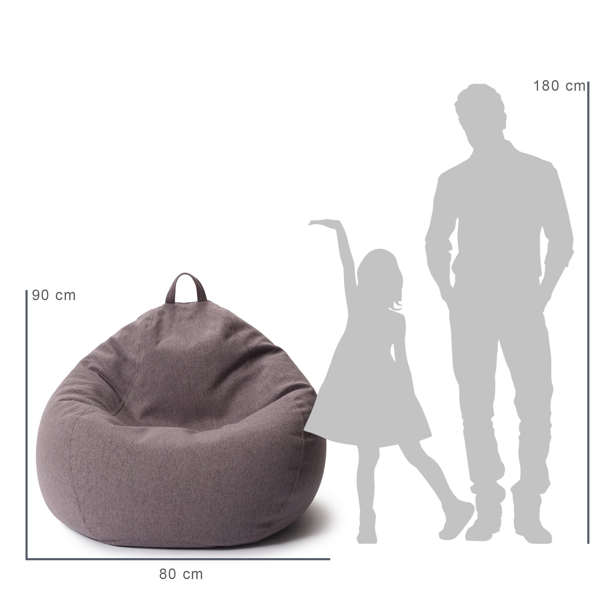Vergleich des Sitzsack mit der Größe eines Kindes und eines Mannes durch deren Silhouette inkl. Maßangaben (90 x 80 cm).