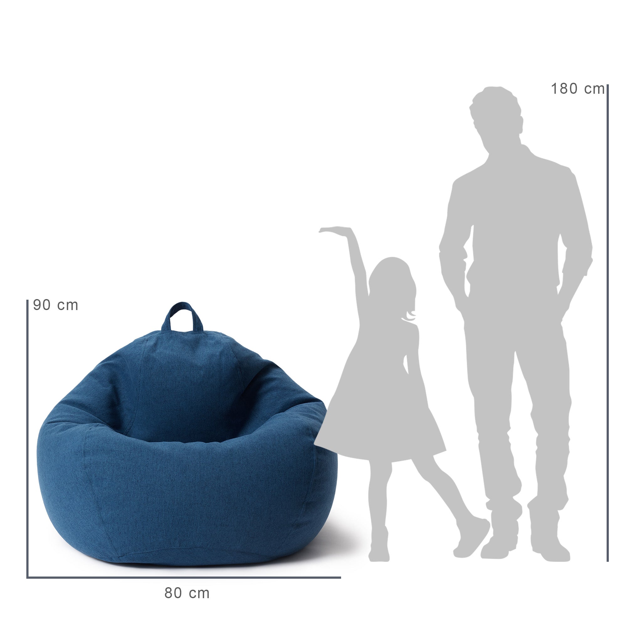 Vergleich des Sitzsack mit der Größe eines Kindes und eines Mannes durch deren Silhouette inkl. Maßangaben (90 x 80 cm).