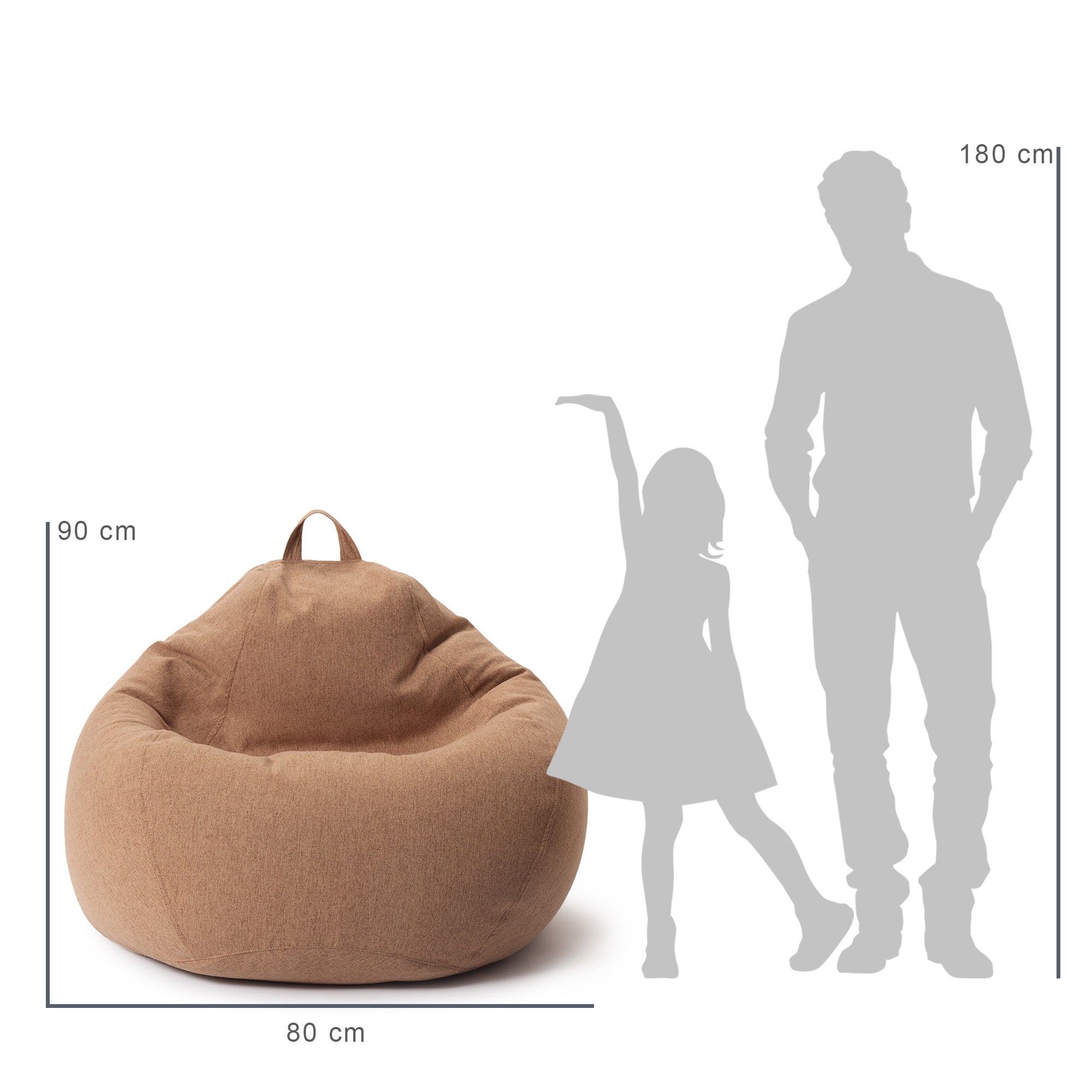 Vergleich des Sitzsack mit der Größe eines Kindes und eines Mannes durch deren Silhouette inkl. Maßangaben (90 x 80 cm).