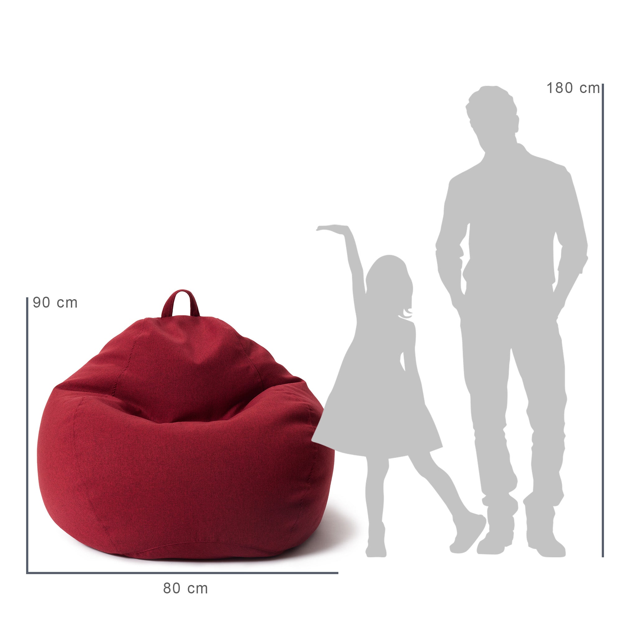 Vergleich des Sitzsack mit der Größe eines Kindes und eines Mannes durch deren Silhouette inkl. Maßangaben (90 x 80 cm).