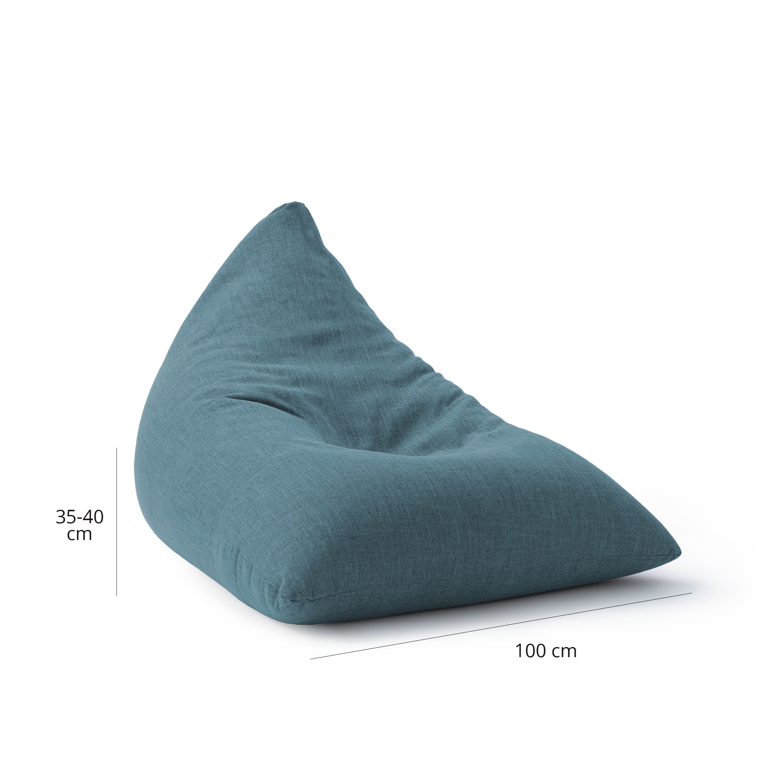 Sitzsack Dreieckig 2 in 1 aus der Interior Line in Aquamarin mit Maßangaben (B 100 x Sitzhöhe 35-40 cm).