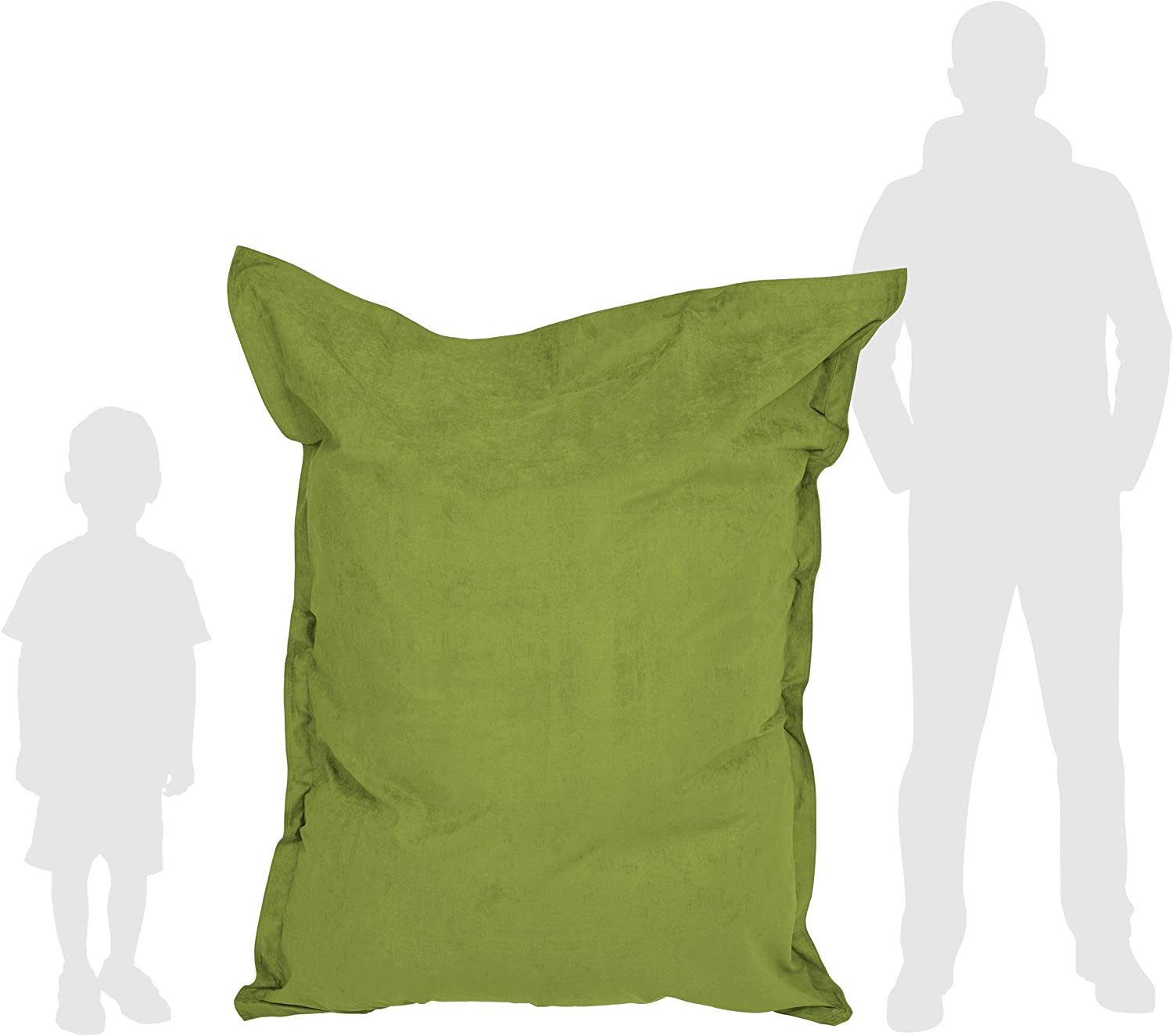 Vergleich des grünen Sitzsackes Microvelours mit der Größe eines Kindes und eines Mannes durch deren Silhouette.