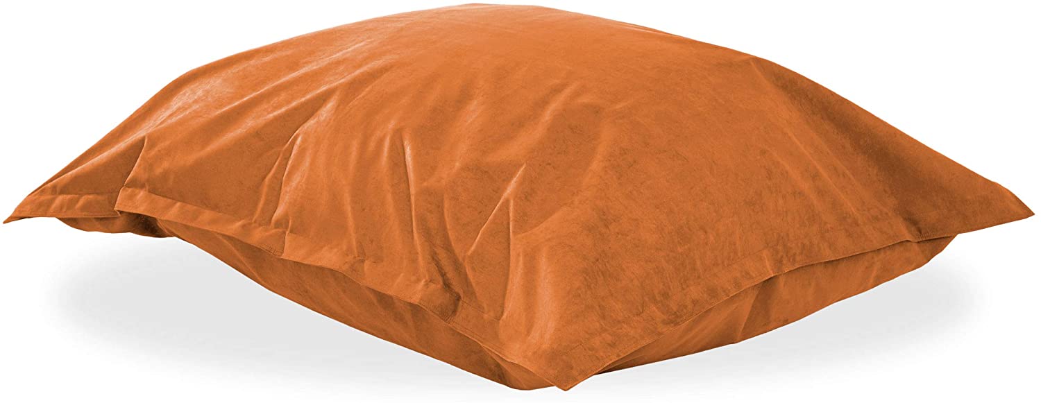 XXL Microvelours Sitzkissen in Orange liegt auf dem Boden vor weißem Hintergrund.