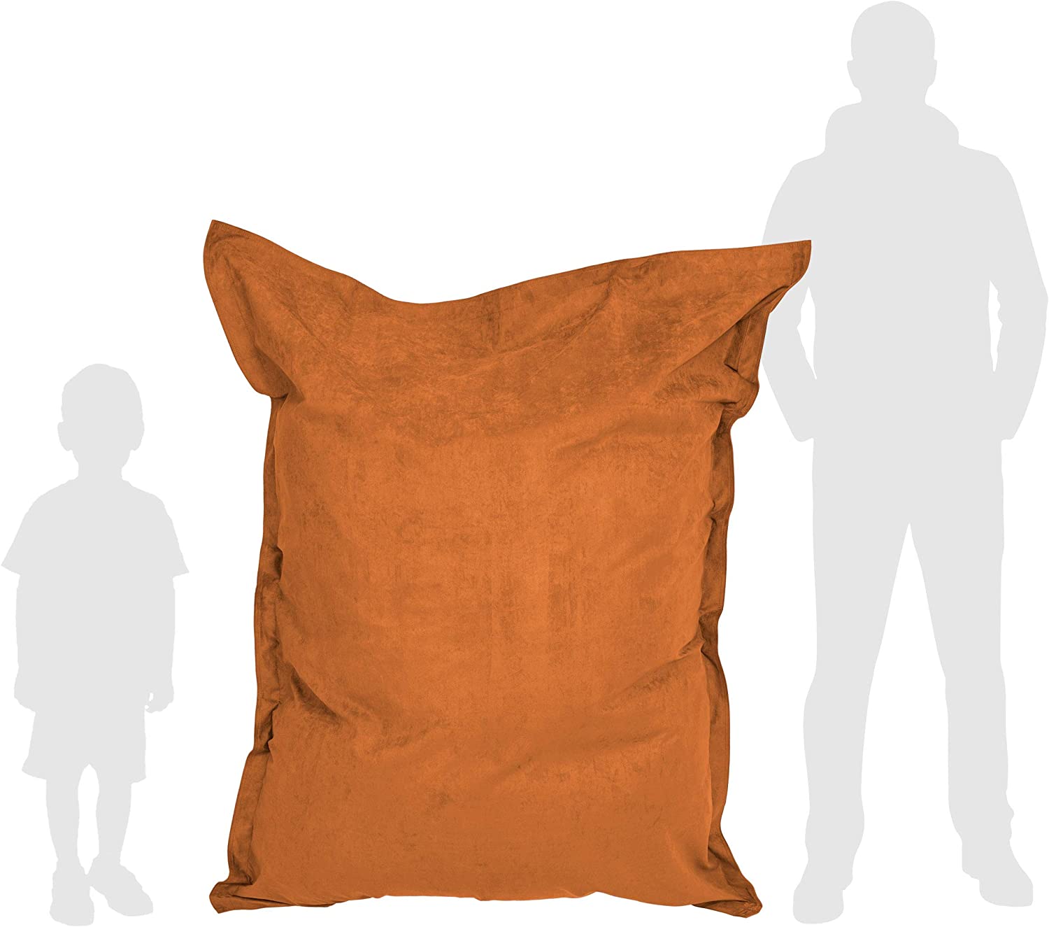 Vergleich des orangen Sitzsackes Microvelours mit der Größe eines Kindes und eines Mannes durch deren Silhouette.