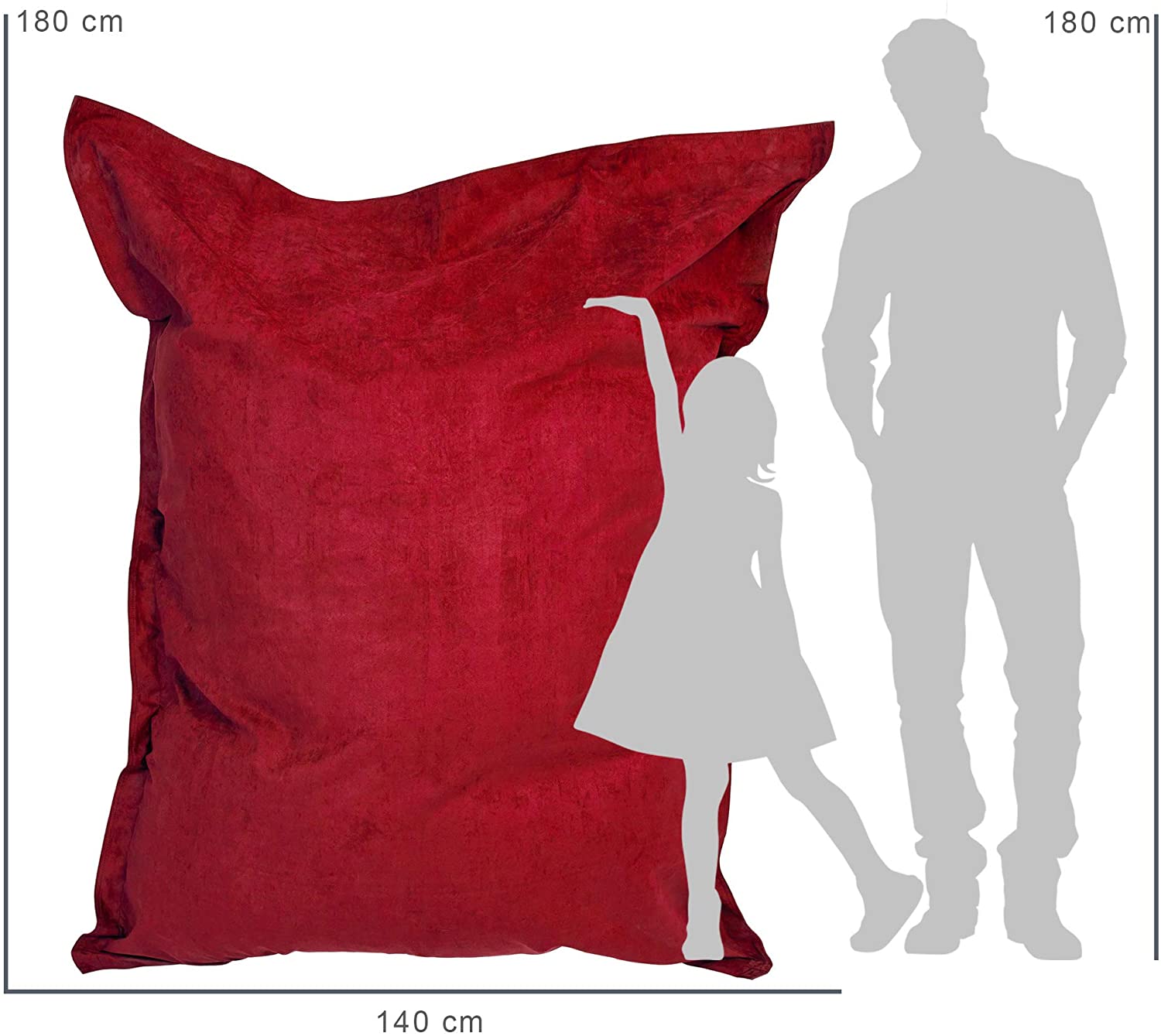 Vergleich des Sitzsackes mit der Größe eines Kindes und eines Mannes durch deren Silhouette inkl. Maßangaben (140 x 180 cm).