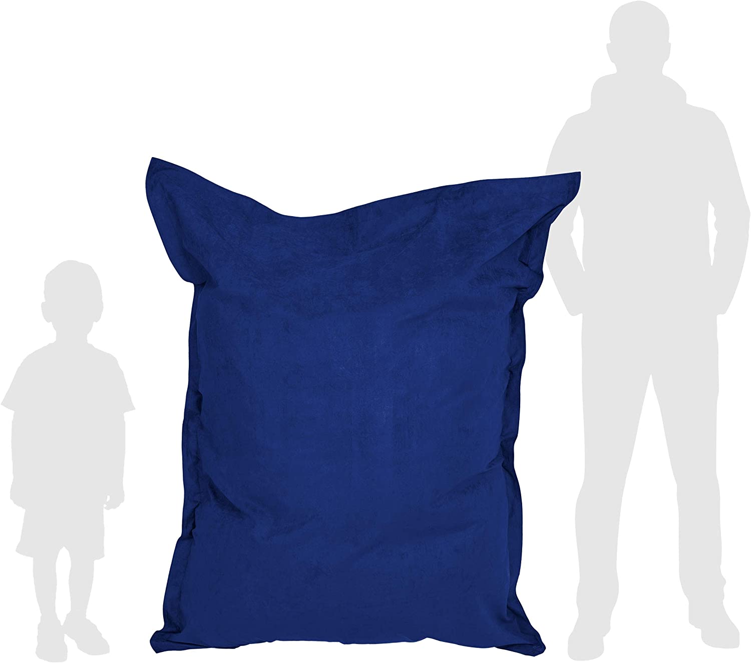 Vergleich des blauen Sitzsackes Microvelours mit der Größe eines Kindes und eines Mannes durch deren Silhouette.