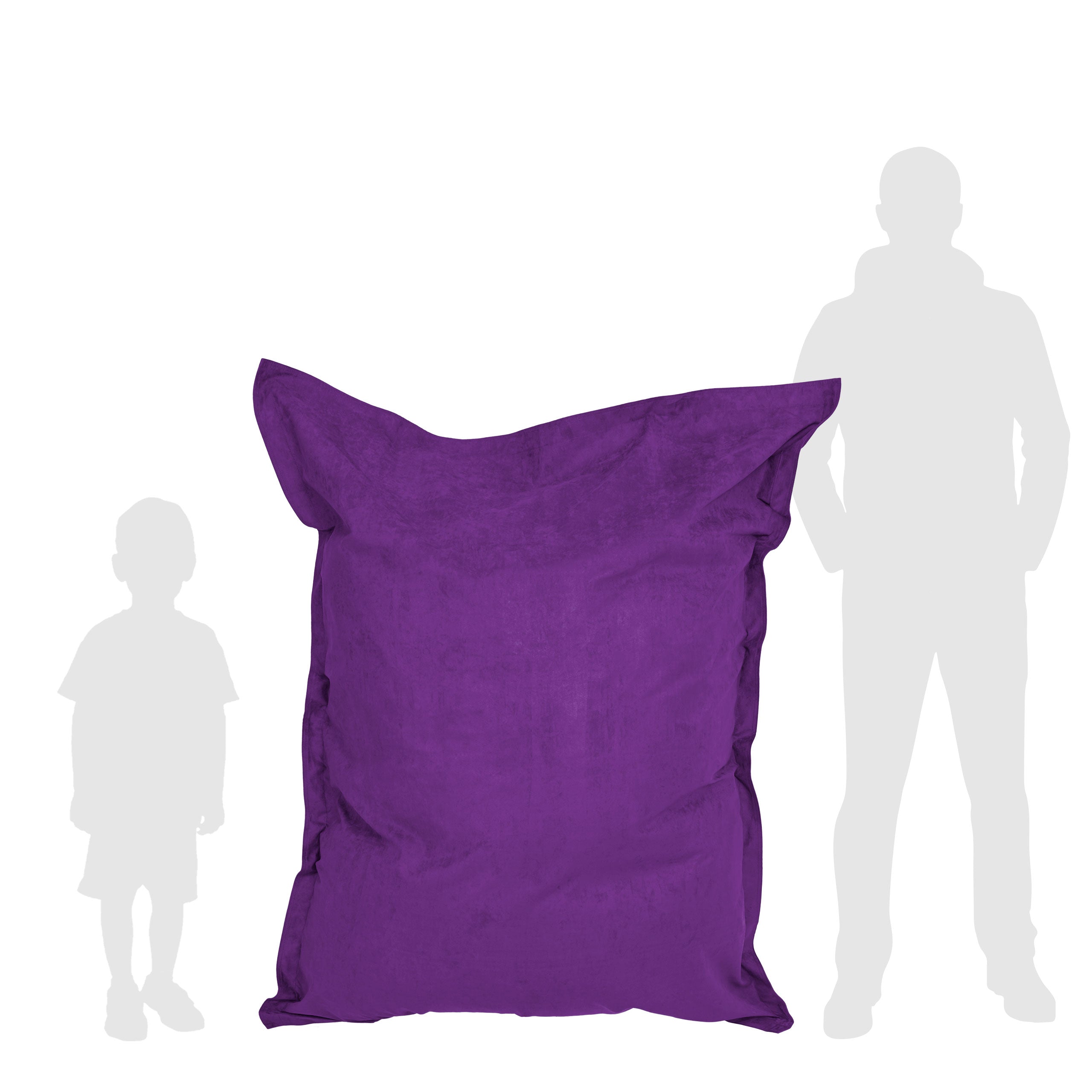 Vergleich des lilanen Sitzsackes Microvelours mit der Größe eines Kindes und eines Mannes durch deren Silhouette.