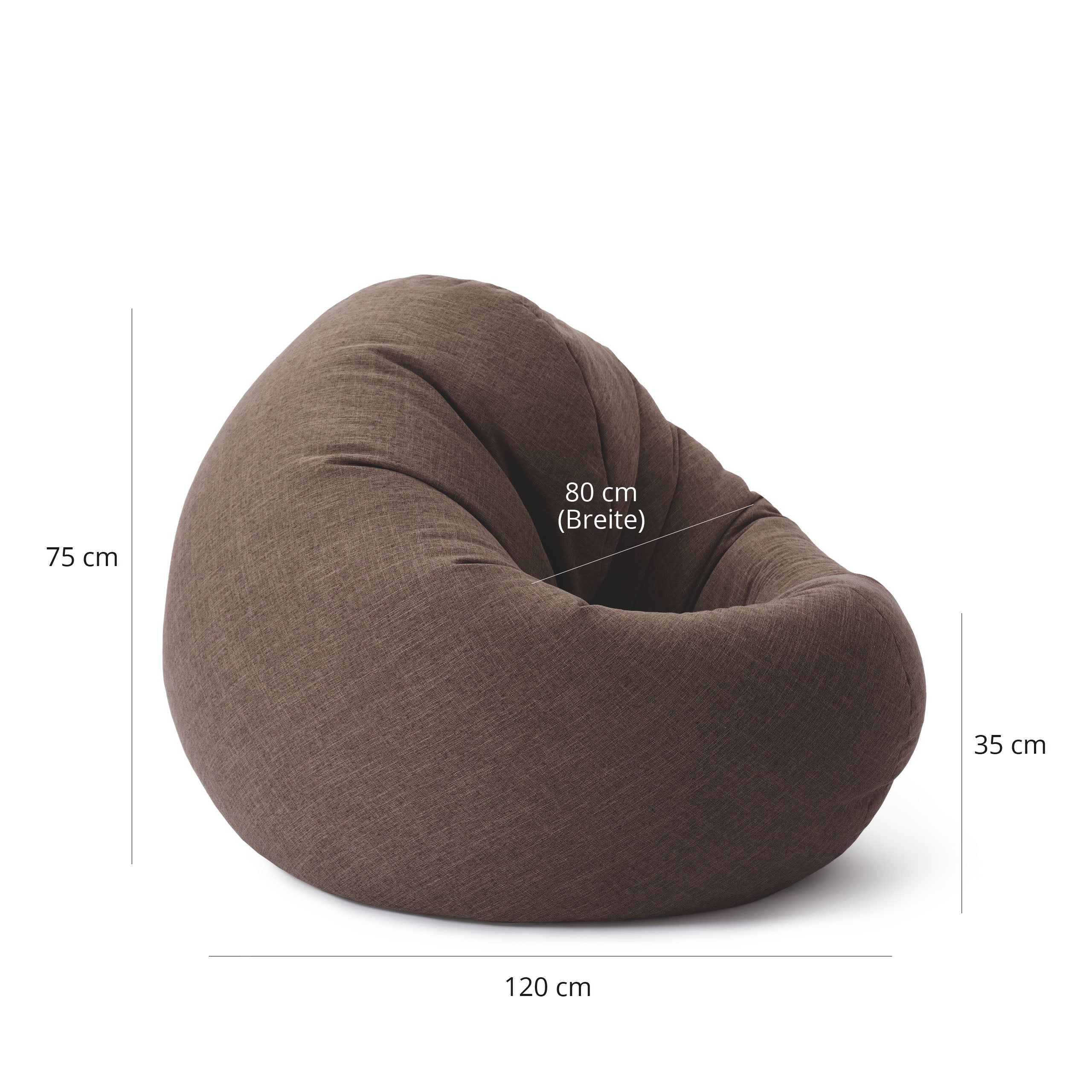 Runder Sitzsack von LUMALAND aus der Interior line in Braun mit Maßangaben (120 x 80 x 75 cm / Sitzhöhe 35 cm).
