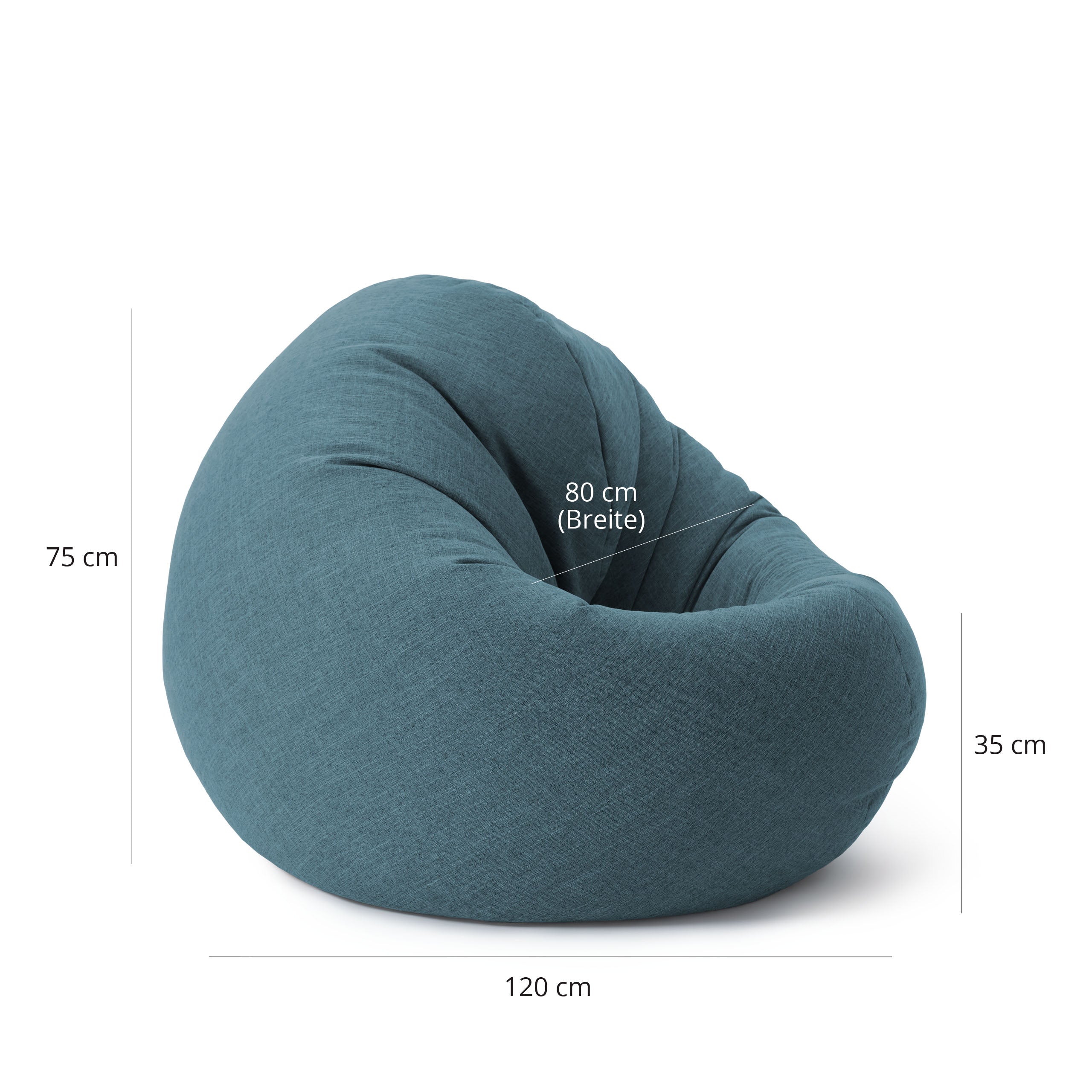 Runder Sitzsack von LUMALAND aus der Interior line in Aquamarin mit Maßangaben (120 x 80 x 75 cm / Sitzhöhe 35 cm).