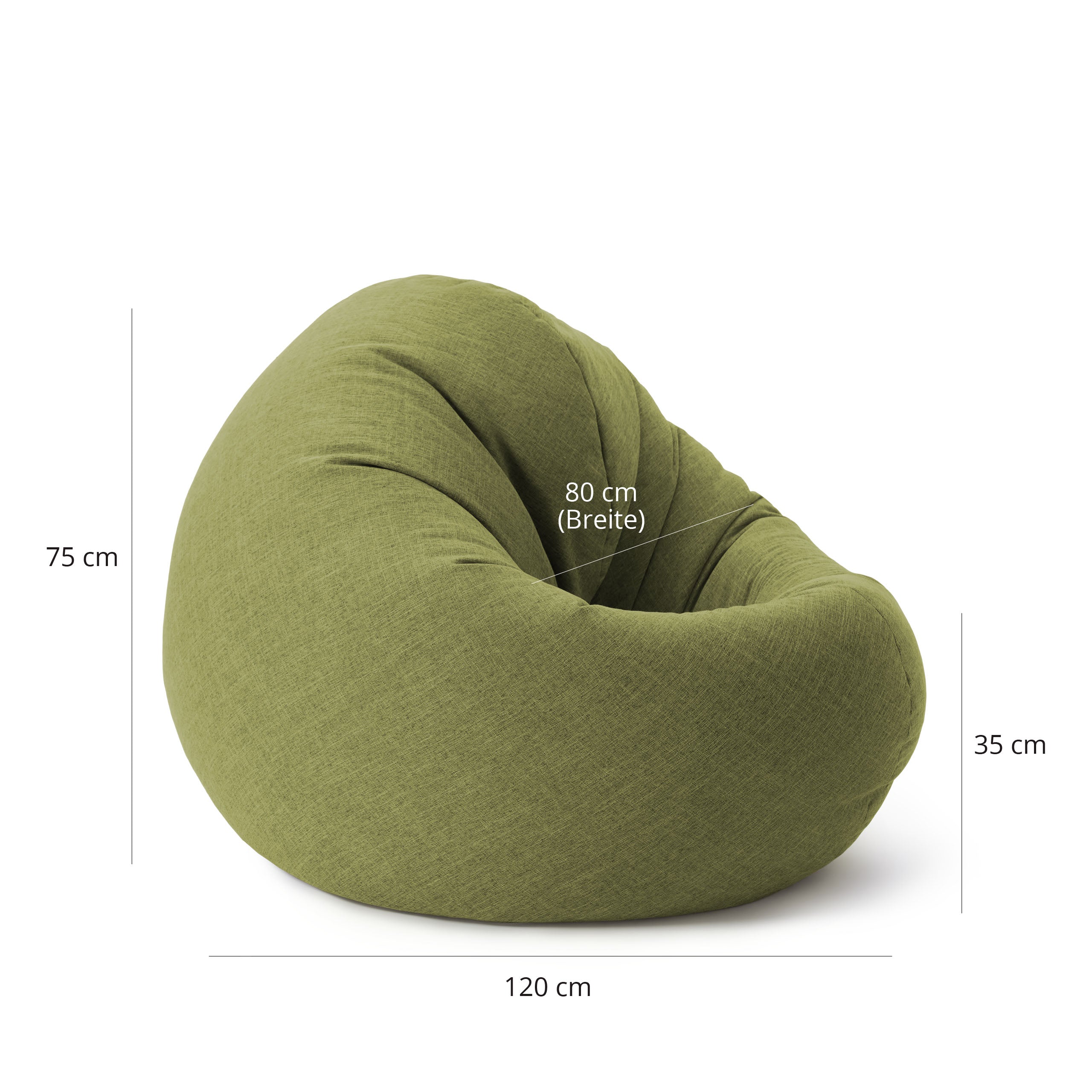 Runder Sitzsack von LUMALAND aus der Interior line in Lime mit Maßangaben (120 x 80 x 75 cm / Sitzhöhe 35 cm).