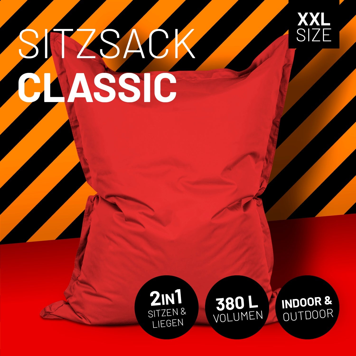 LUMALAND Sitzsack in Rot mit Icon "XXL Size", "2 in 1 - Sitzen & Liegen", "380 L Volumen" und "Indoor & Outdoor".