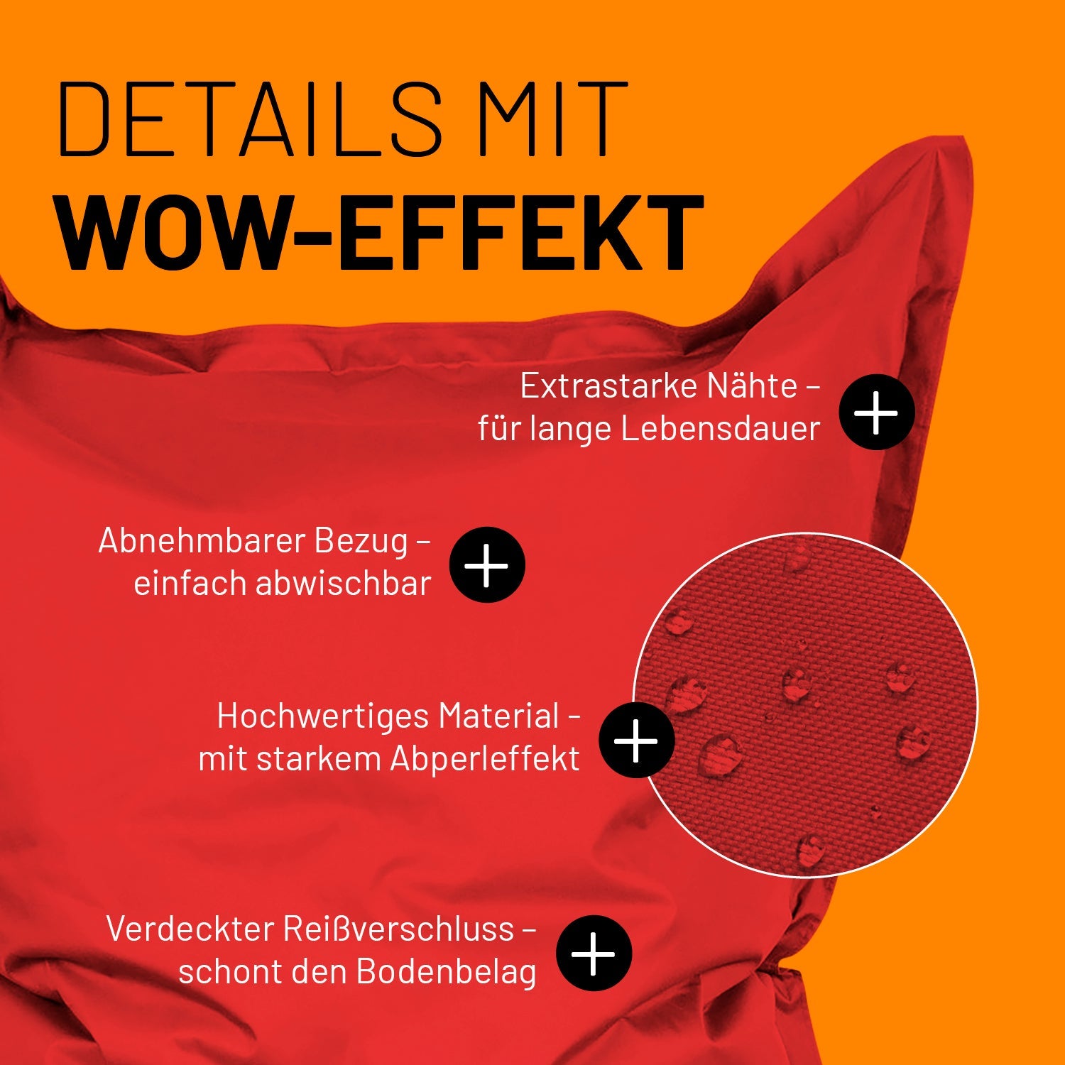 Roter Sitzsack im Detail mit Informationen zu "Abwischbarer Bezug", "Verdeckter Reißverschluss" und "Extrastarke Nähte".