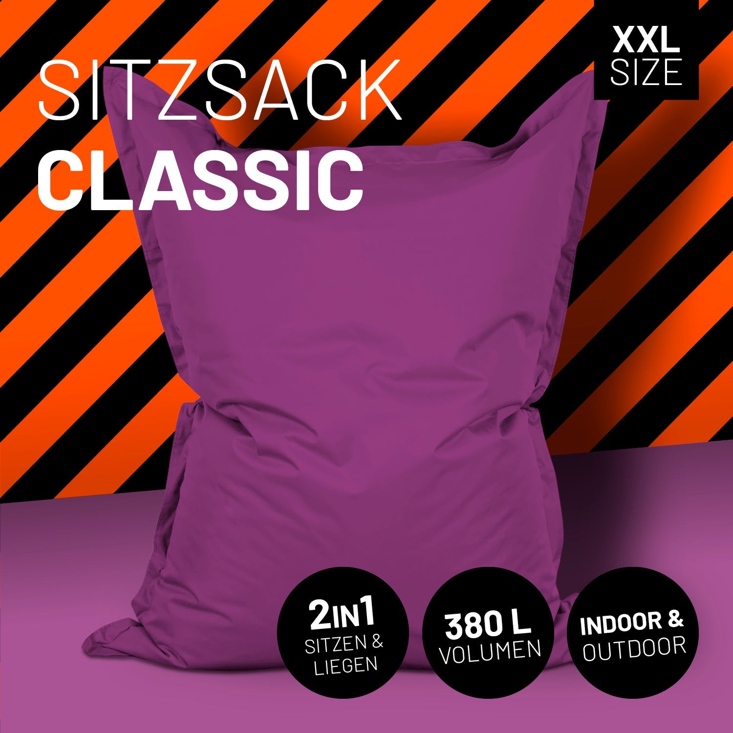 LUMALAND Sitzsack in Lila mit Icon "XXL Size", "2 in 1 - Sitzen & Liegen", "380 L Volumen" und "Indoor & Outdoor".
