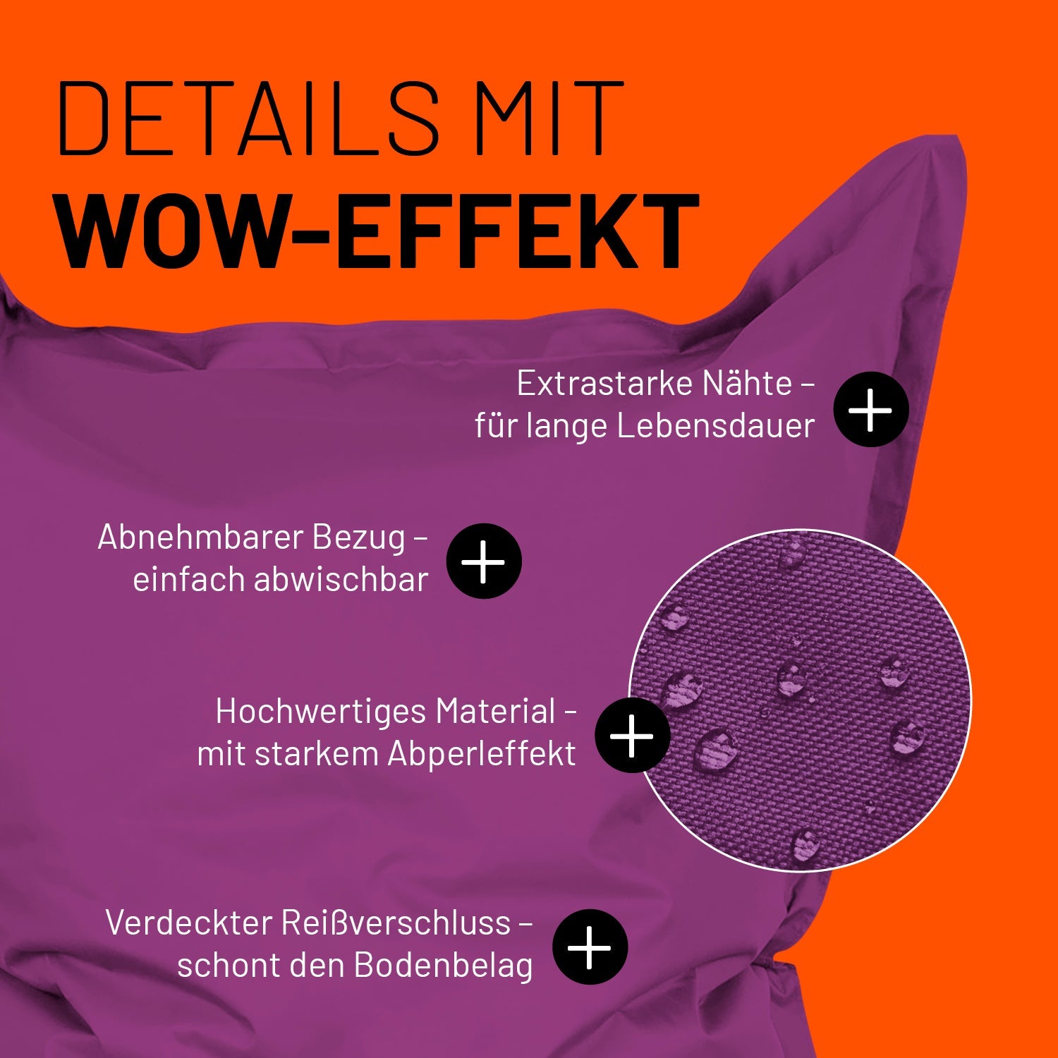 Lila Sitzsack im Detail mit Informationen zu "Abwischbarer Bezug", "Verdeckter Reißverschluss" und "Extrastarke Nähte".