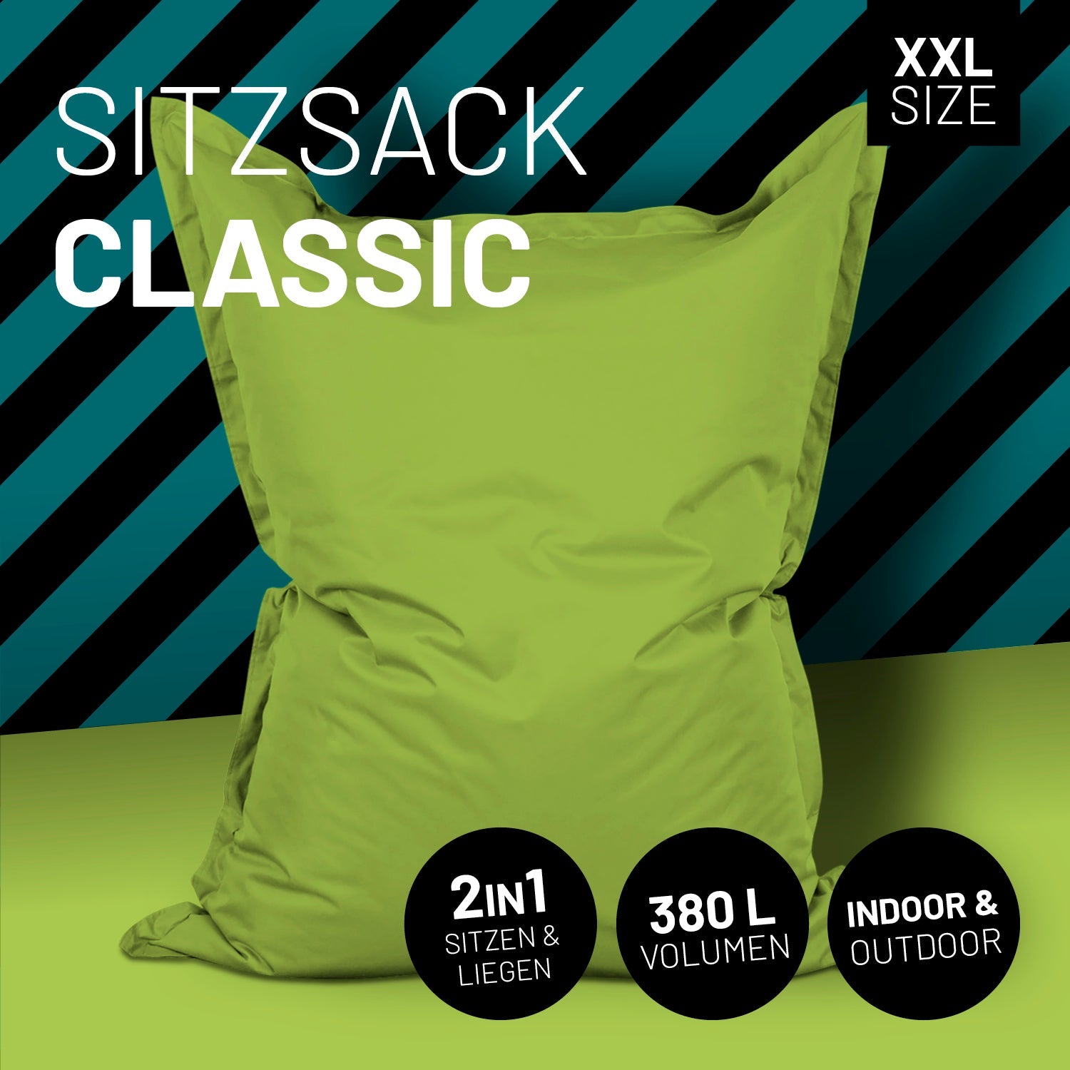 LUMALAND Sitzsack in Grün mit Icon "XXL Size", "2 in 1 - Sitzen & Liegen", "380 L Volumen" und "Indoor & Outdoor".