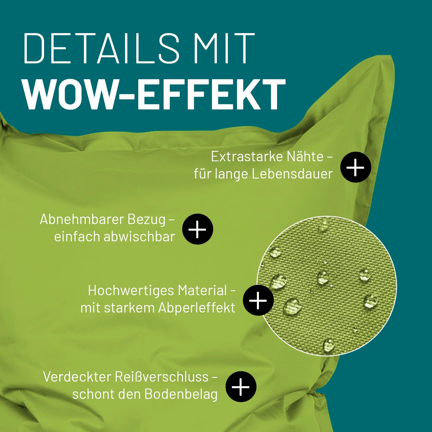 Grüner Sitzsack im Detail mit Informationen zu "Abwischbarer Bezug", "Verdeckter Reißverschluss" und "Extrastarke Nähte".