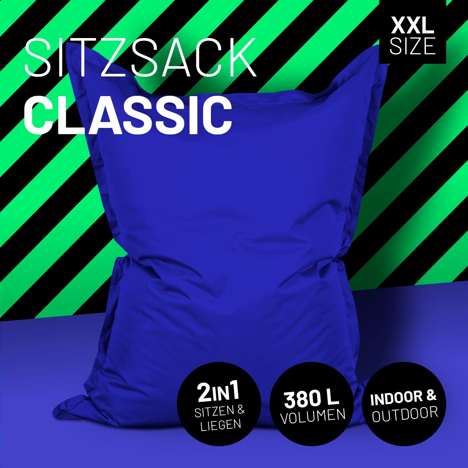 LUMALAND Sitzsack in Royalblau mit Icon "XXL Size", "2 in 1 - Sitzen & Liegen", "380 L Volumen" und "Indoor & Outdoor".