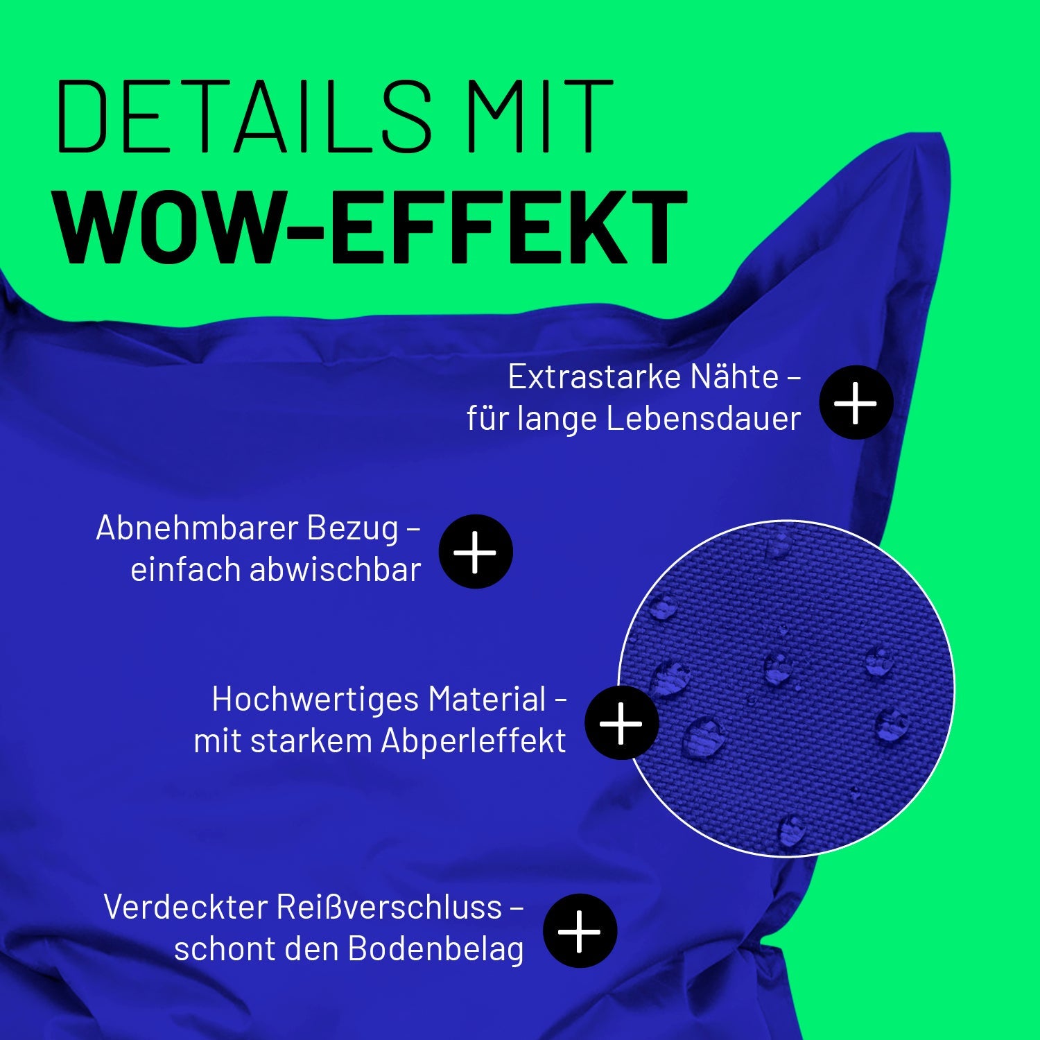 Royalblauer Sitzsack im Detail mit Informationen zu "Abwischbarer Bezug", "Verdeckter Reißverschluss" und "Extrastarke Nähte".