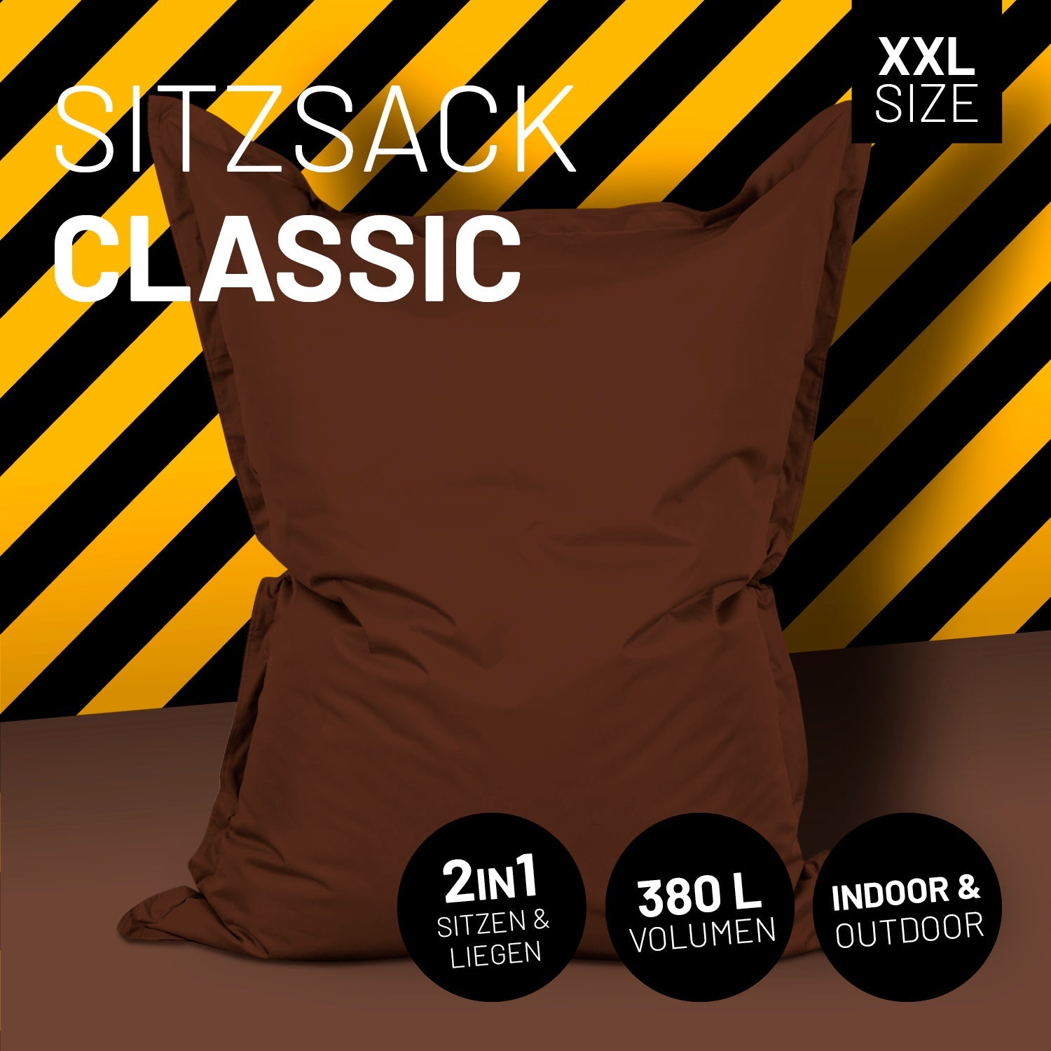 LUMALAND Sitzsack in Braun mit Icon "XXL Size", "2 in 1 - Sitzen & Liegen", "380 L Volumen" und "Indoor & Outdoor".