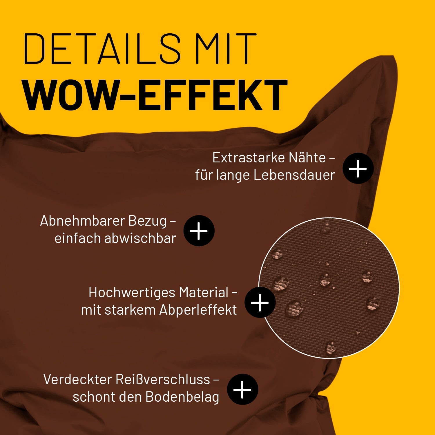 Brauner Sitzsack im Detail mit Informationen zu "Abwischbarer Bezug", "Verdeckter Reißverschluss" und "Extrastarke Nähte".