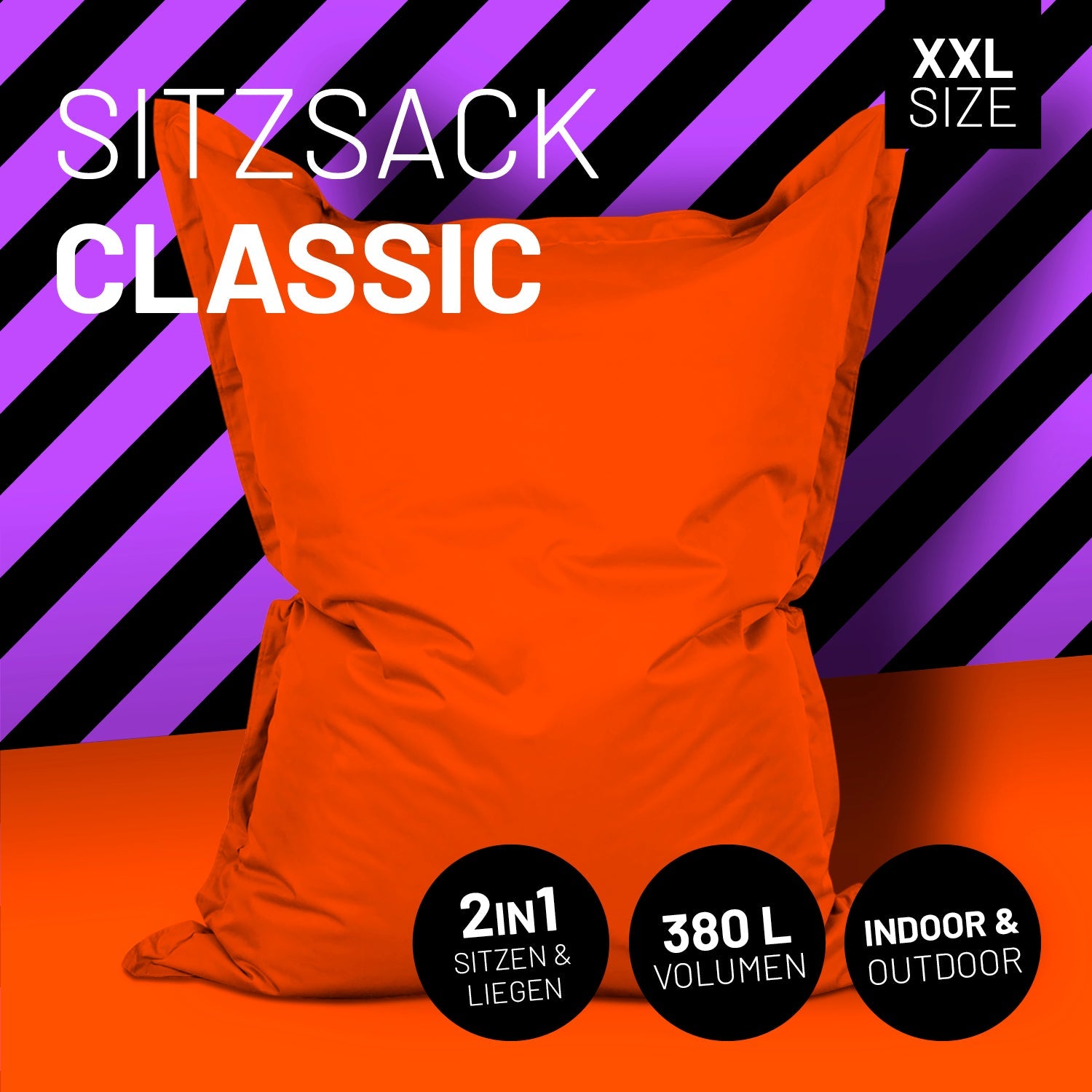 LUMALAND Sitzsack in Orange mit Icon "XXL Size", "2 in 1 - Sitzen & Liegen", "380 L Volumen" und "Indoor & Outdoor".