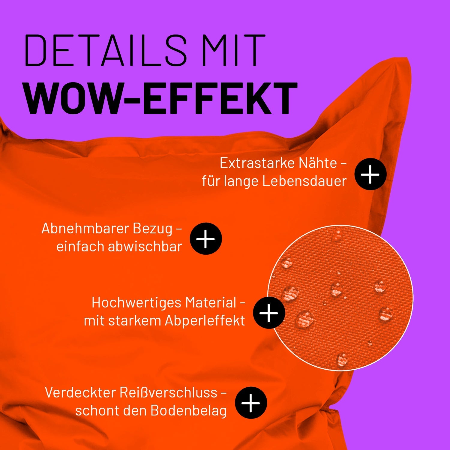 Oranger Sitzsack im Detail mit Informationen zu "Abwischbarer Bezug", "Verdeckter Reißverschluss" und "Extrastarke Nähte".