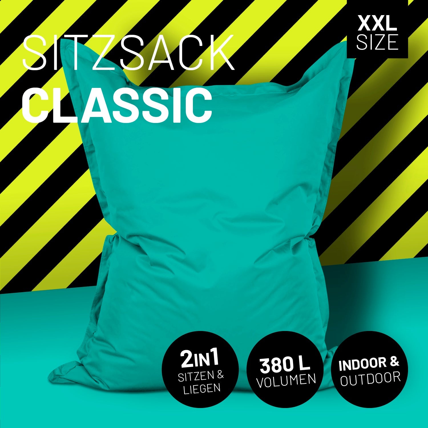 LUMALAND Sitzsack in Türkis mit Icon "XXL Size", "2 in 1 - Sitzen & Liegen", "380 L Volumen" und "Indoor & Outdoor".