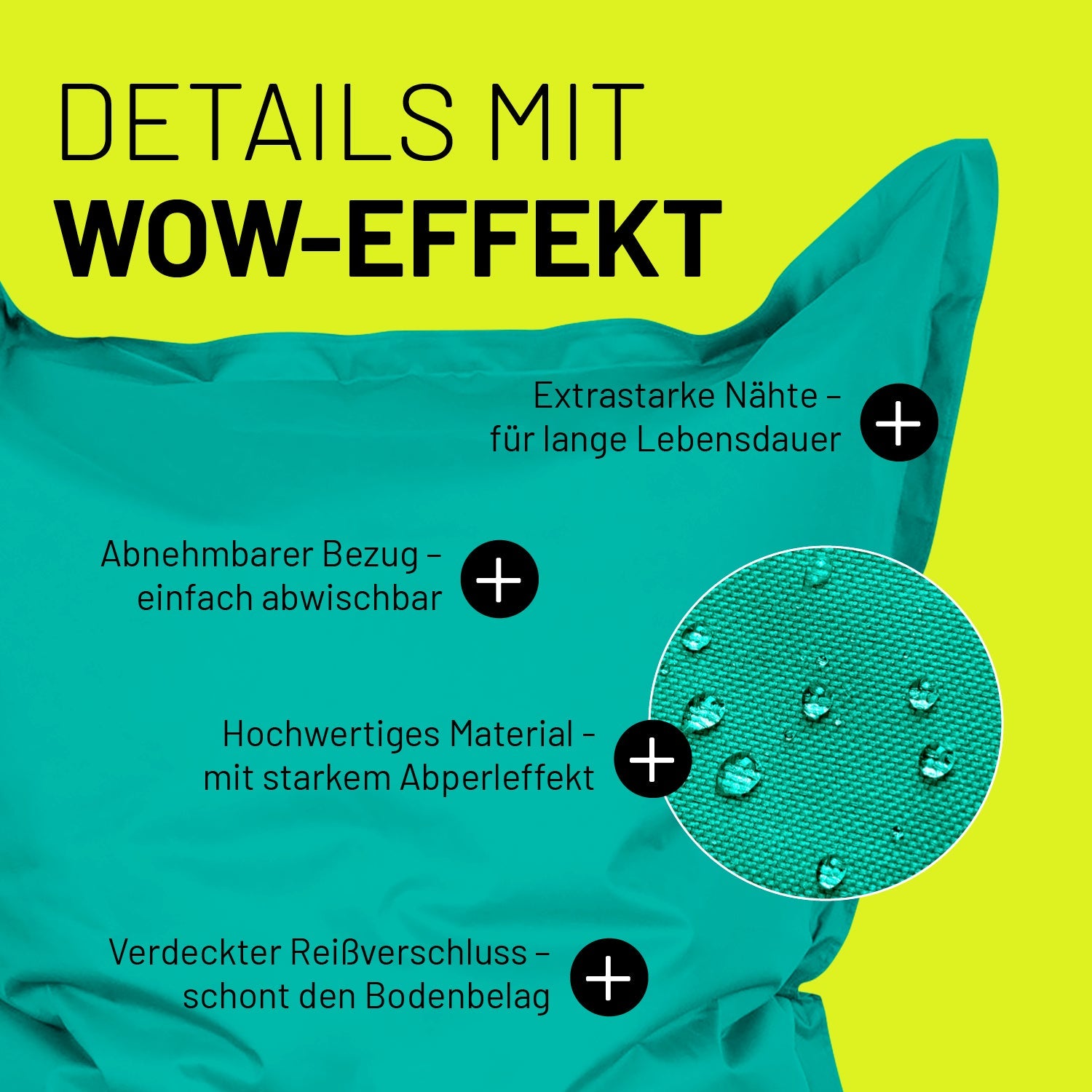 Türkiser Sitzsack im Detail mit Informationen zu "Abwischbarer Bezug", "Verdeckter Reißverschluss" und "Extrastarke Nähte".