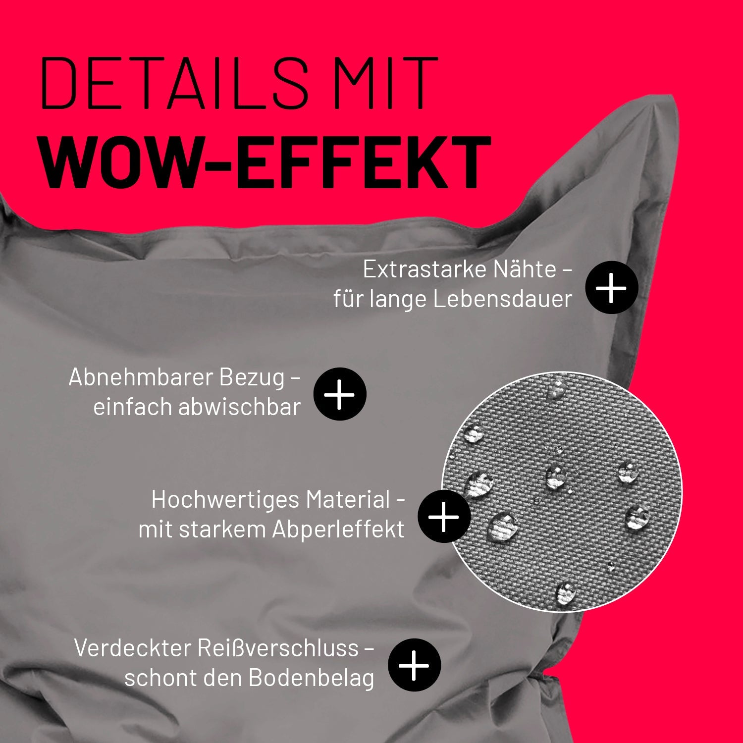 Grauer Sitzsack im Detail mit Informationen zu "Abwischbarer Bezug", "Verdeckter Reißverschluss" und "Extrastarke Nähte".