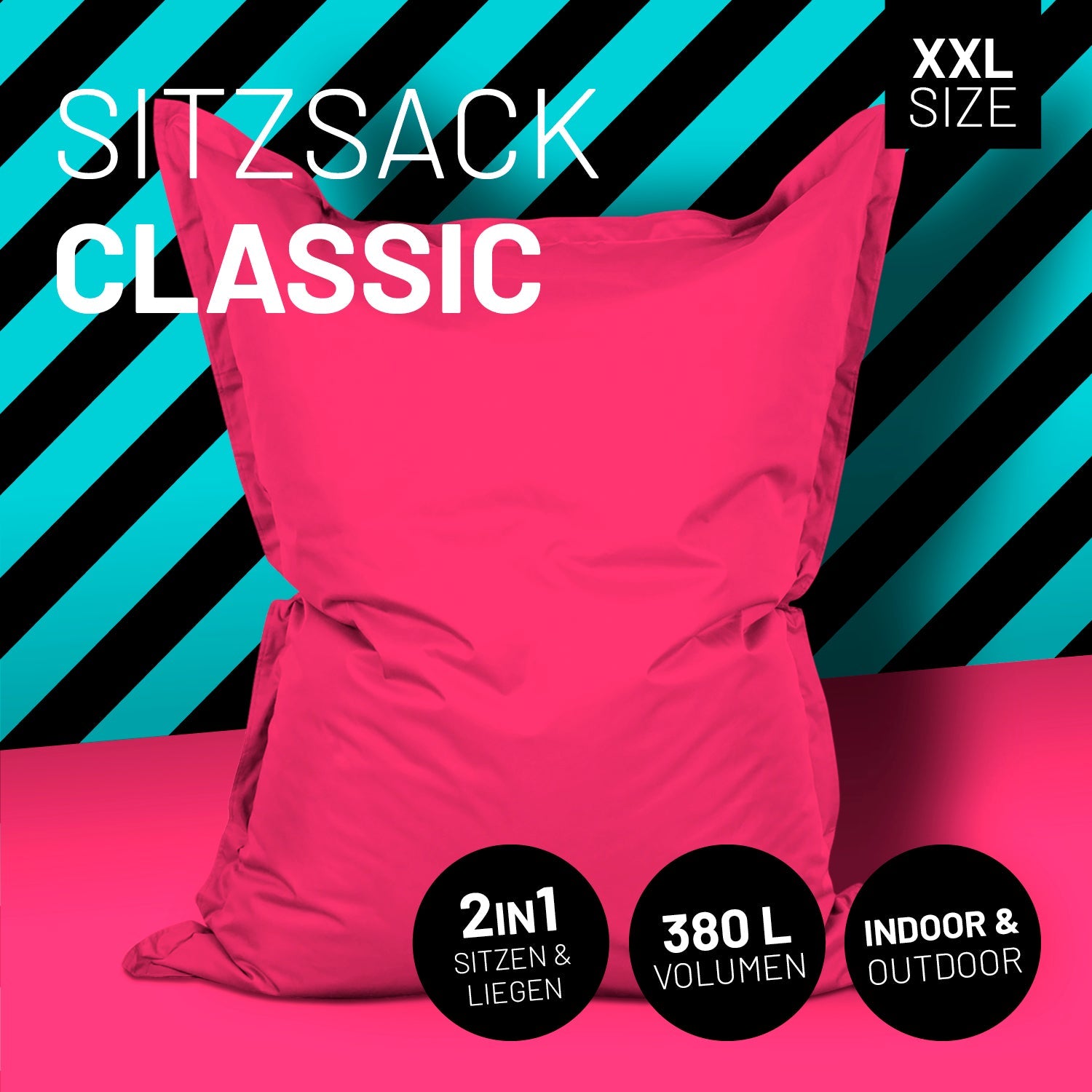 LUMALAND Sitzsack in Pink mit Icon "XXL Size", "2 in 1 - Sitzen & Liegen", "380 L Volumen" und "Indoor & Outdoor".