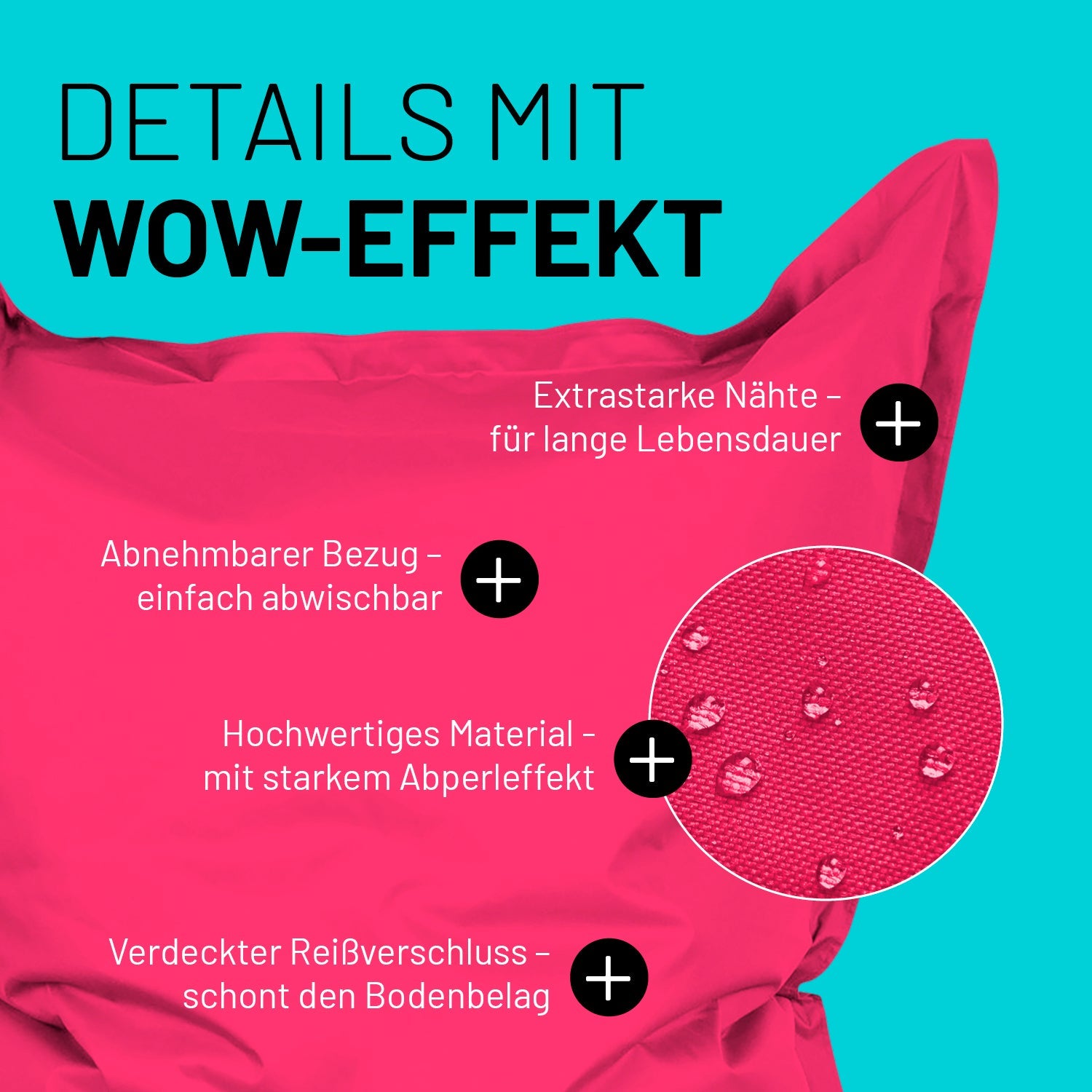 Pinker Sitzsack im Detail mit Informationen zu "Abwischbarer Bezug", "Verdeckter Reißverschluss" und "Extrastarke Nähte".