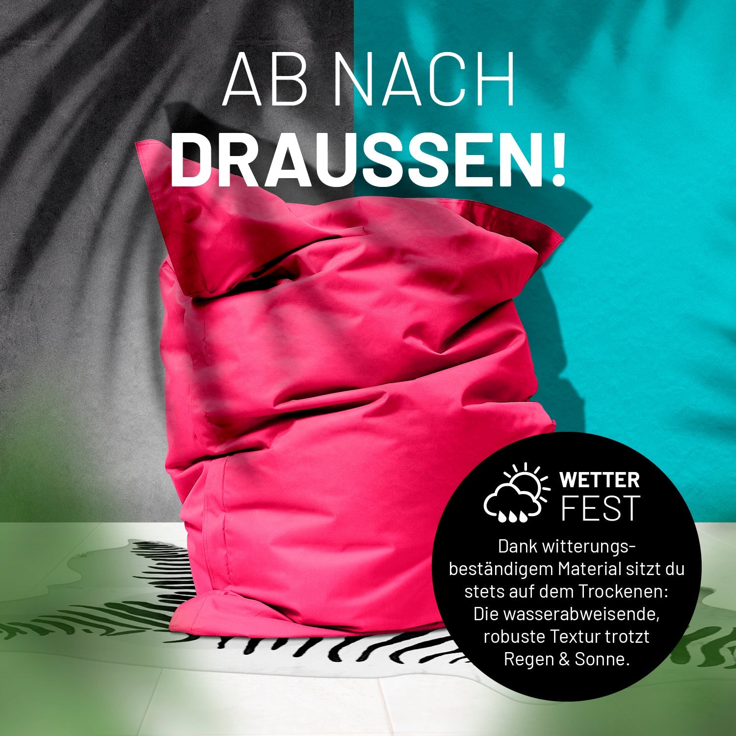 Sitzsack in Pink auf einer Terrasse mit dem Schatten von Palmen - "Wetterfest" und "Witterungsbeständiges Material."